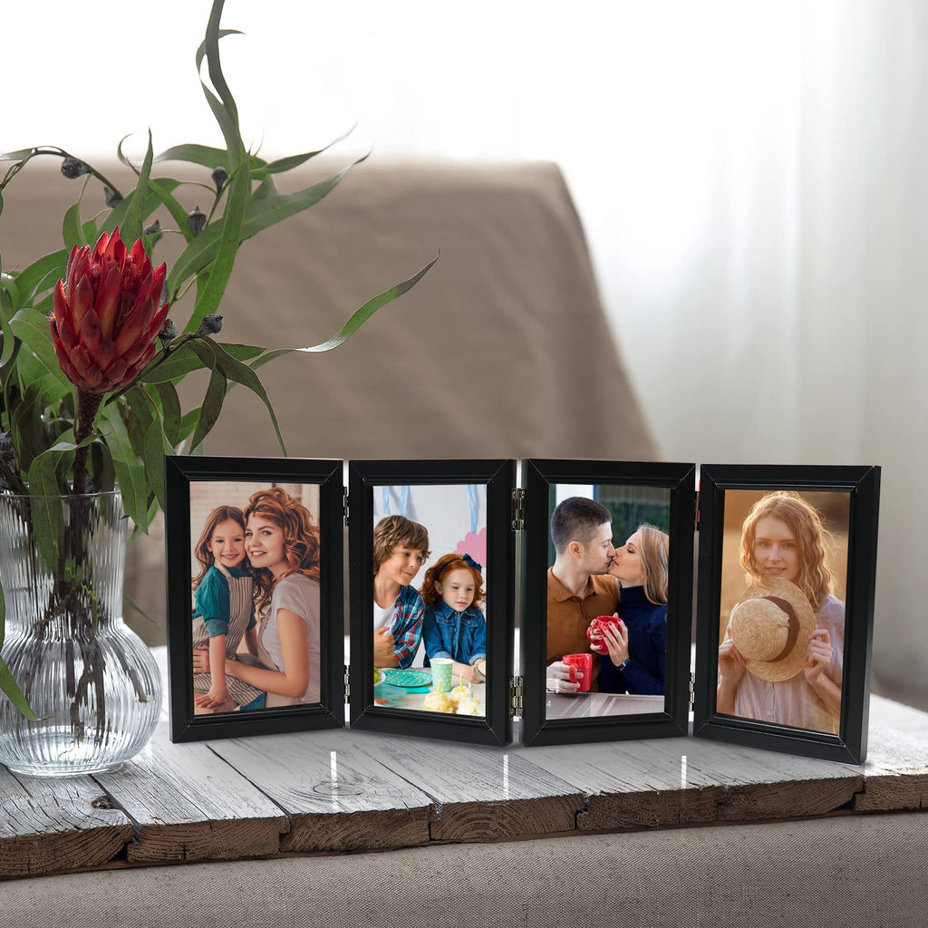 Poilkmni 4 Folding 4X6 Inch Hinged Picture Frame High Definition Natural Wood Picture Frame Rustic Desktop Acrylic Frame Family