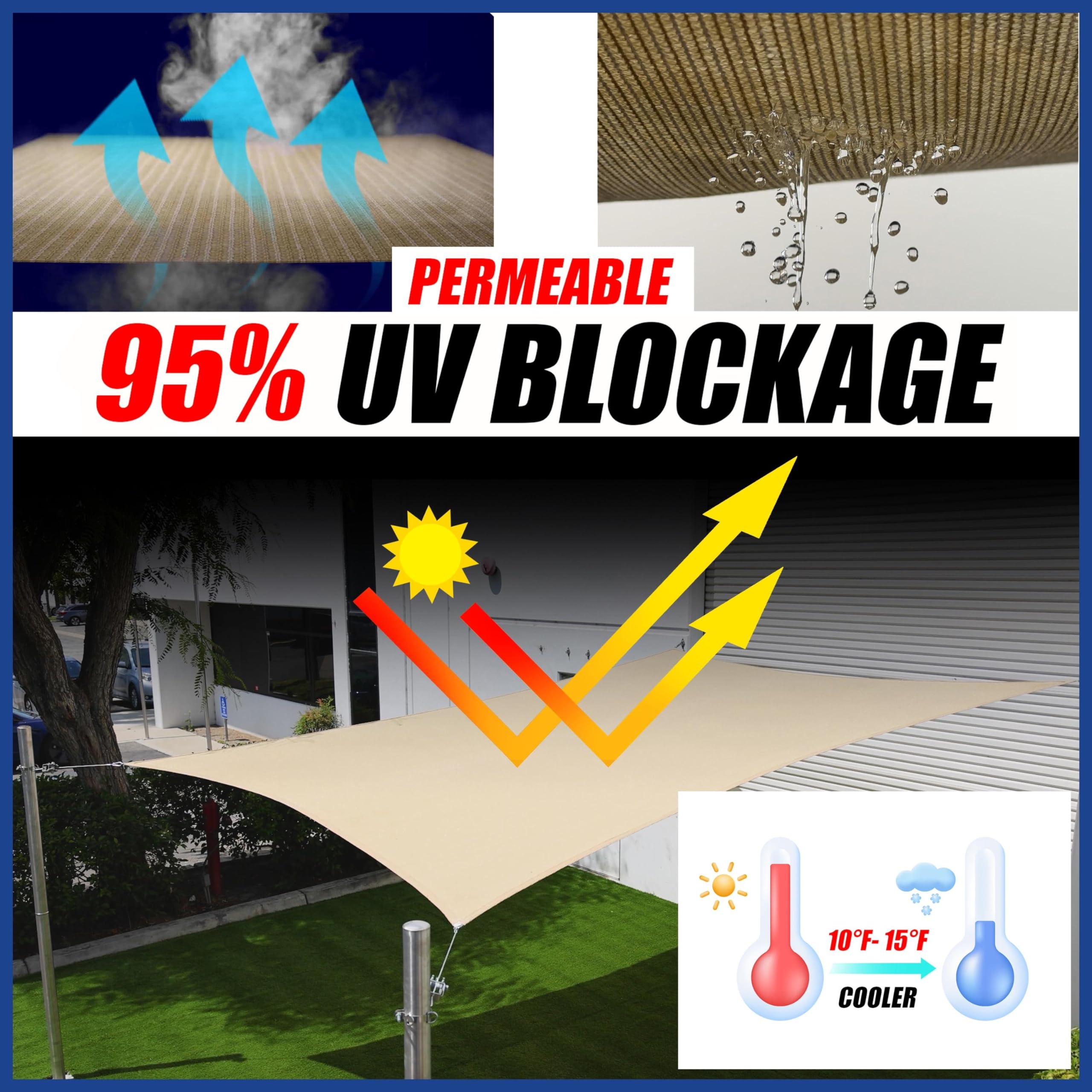 Shademart 13' X 17' Beige Sun Shade Sail Upf50 Rectangle Smtaps16 Canopy Fabric Cloth Screen, Water And Air Permeable & Uv Resis