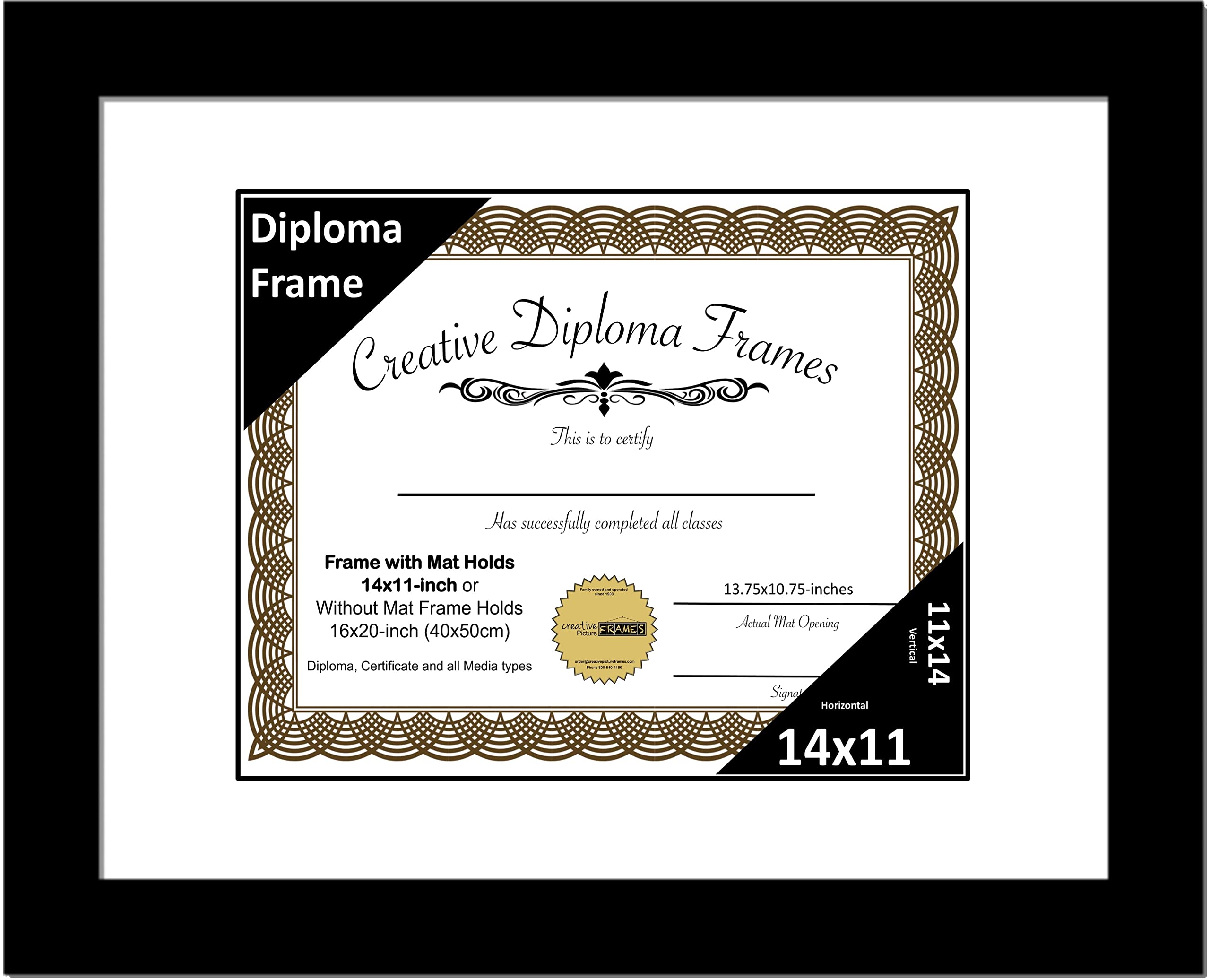 Creative Picture Frames 14x11 Classic Black Diploma Frame with White Mat Glass Easel and Installed Wall Hangers | Frame Holds 16