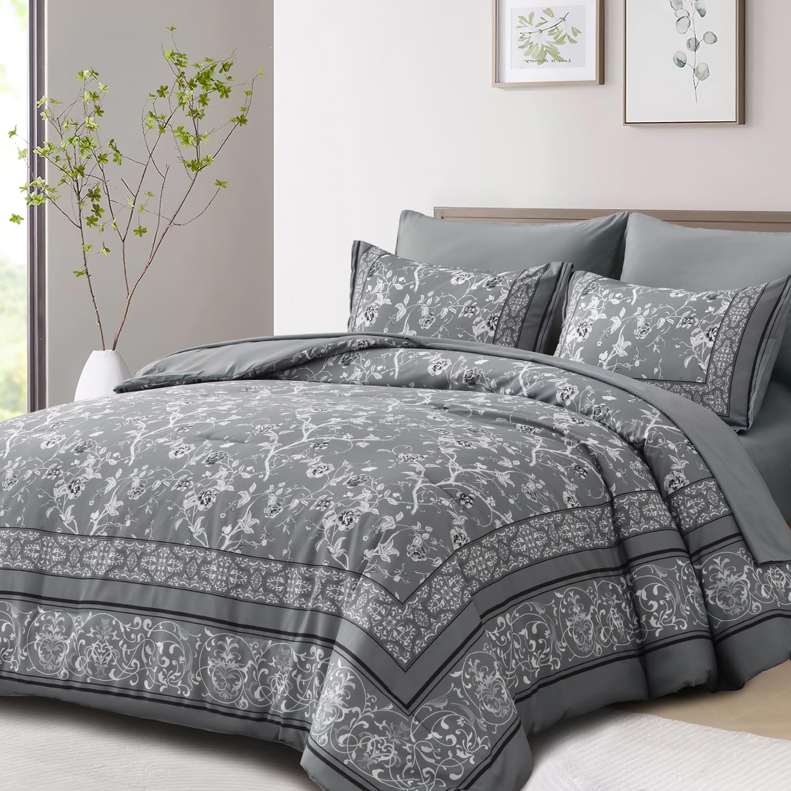 Dobuyly Grey Floral Queen Comforter Set, 7 Piece Bed In A Bag Queen Size Flowers Botanical Bedding Set, Soft Microfiber Bedding
