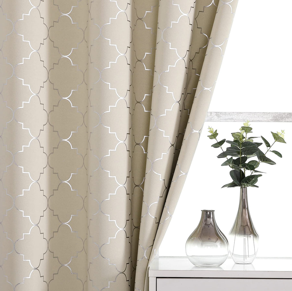 Enactex 100% Full Blackout Curtains 63 Inch Length Thermal Insulated Beige Curtain With Geometric Metallic Silver Pattern, Light