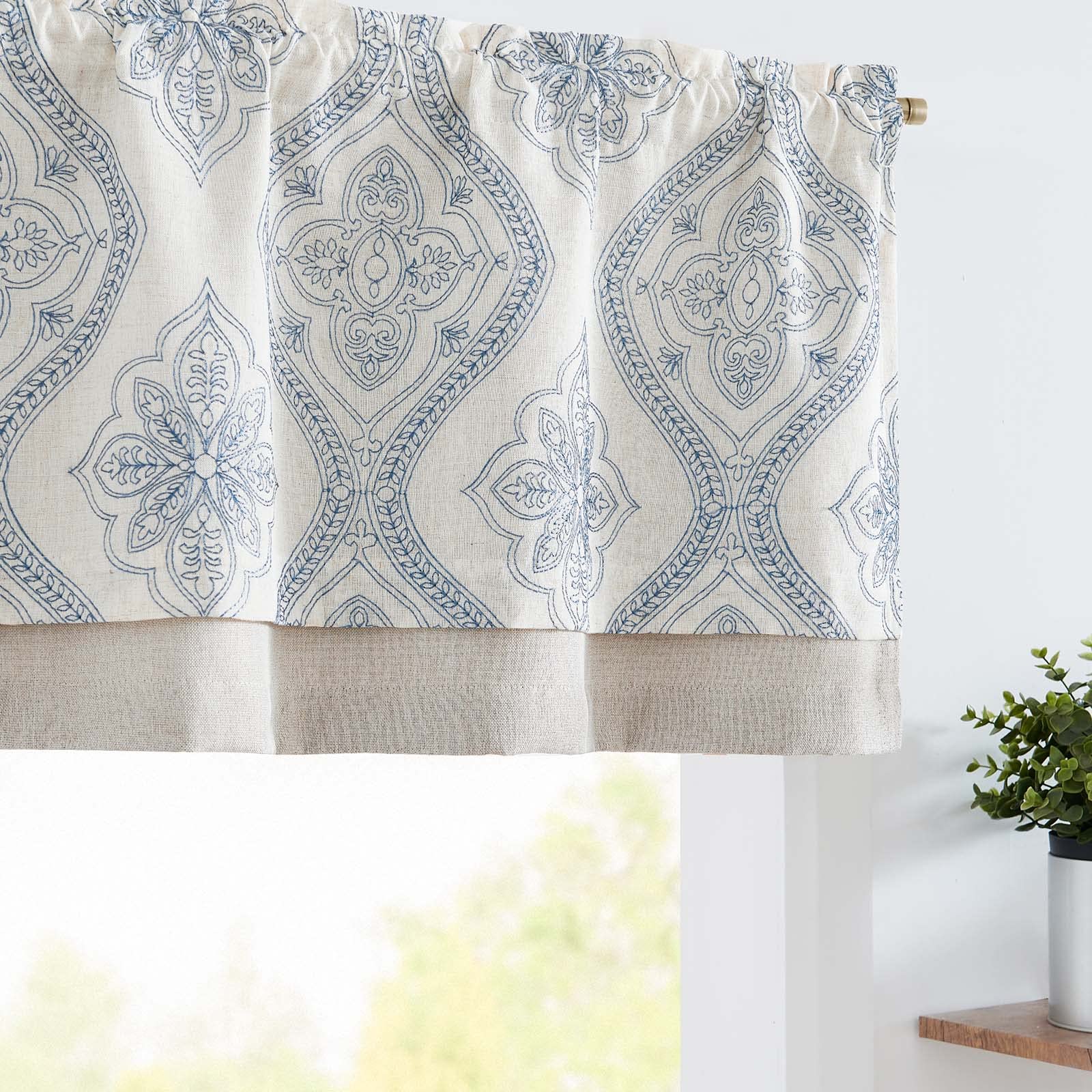 jinchan Linen Valance Curtain 18 Inch Length Medallion Damask Embroidered Kitchen Valance for Windows Double Layer Blackout Vala