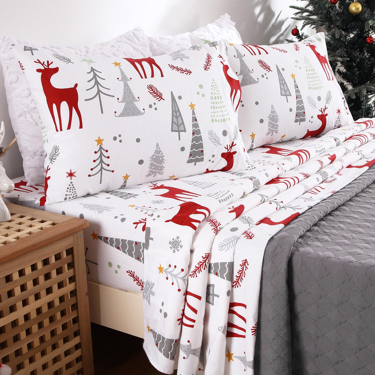 Starbedia Christmas Flannel Sheets King, 100% Cotton Holiday Bed Sheet Set, Deep Pocket Fitted Sheet, Soft Warm Brushed Christma