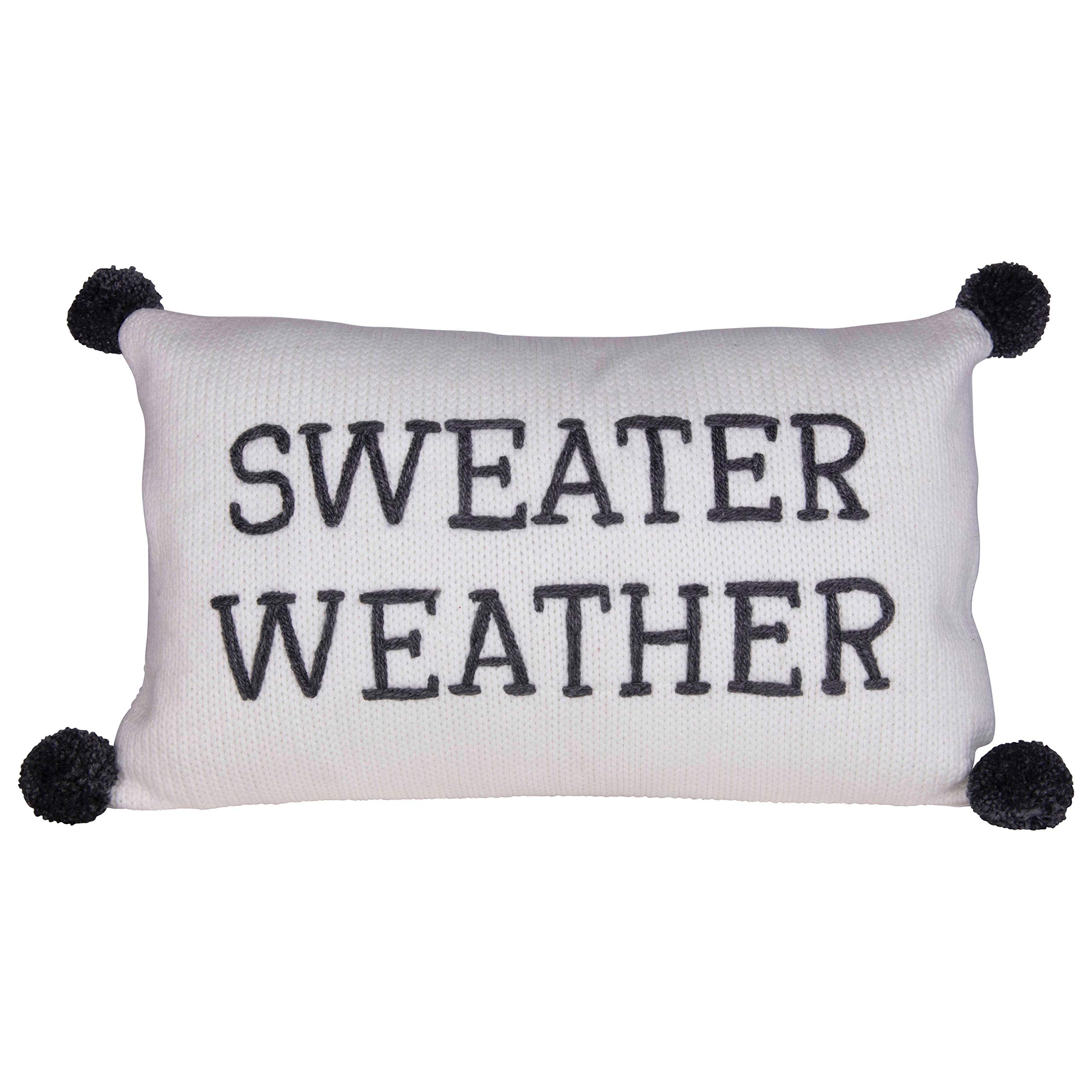 Creative Co-Op Rectangle Sweater Weather Embroidered Cotton Knit Lumbar Poms Pillows, Grey & Cream