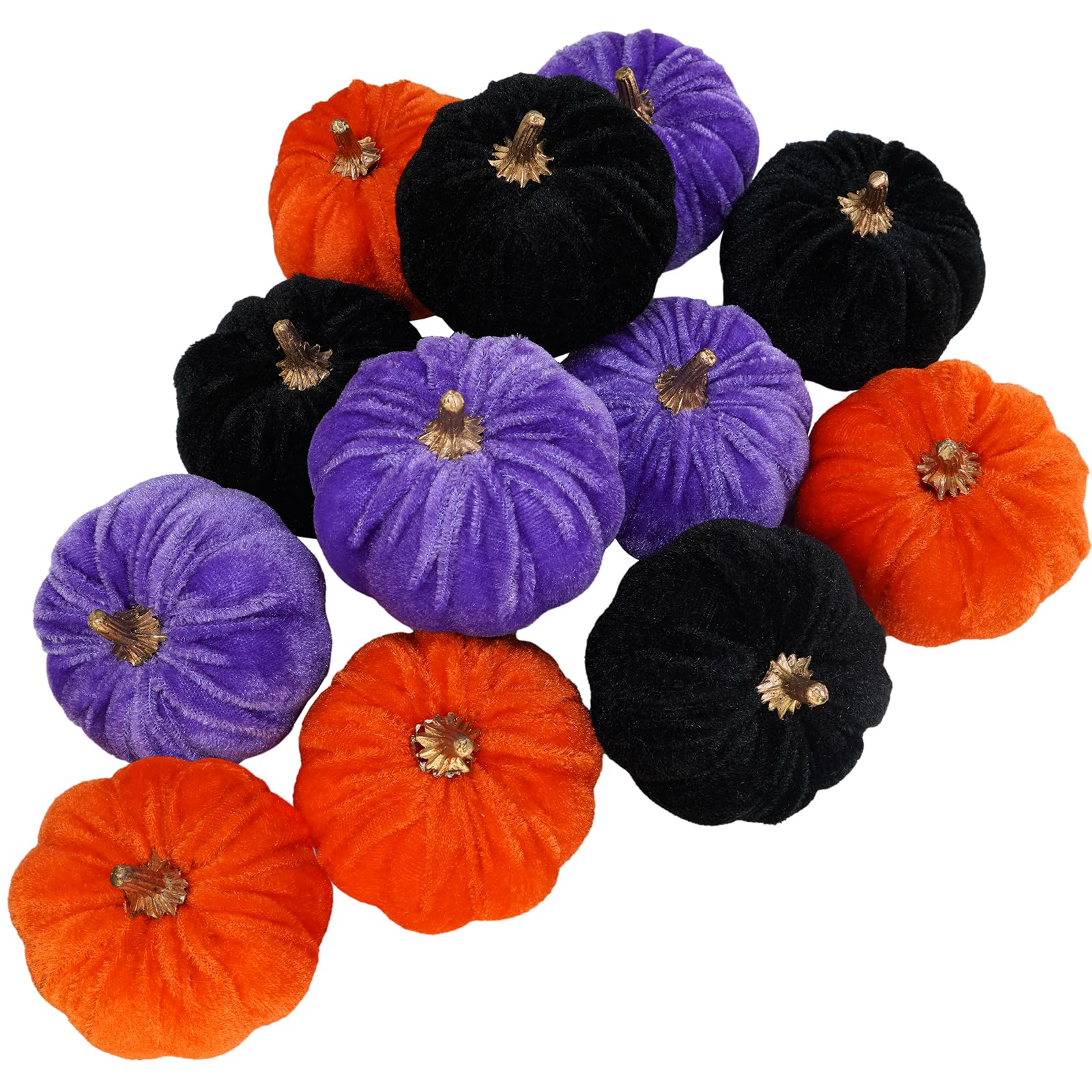 Winlyn 12 Pcs Assorted Small Faux Halloween Pumpkins Velvet Pumpkins Decorative Orange Purple Black Fabric Pumpkins Foam Pumpkin
