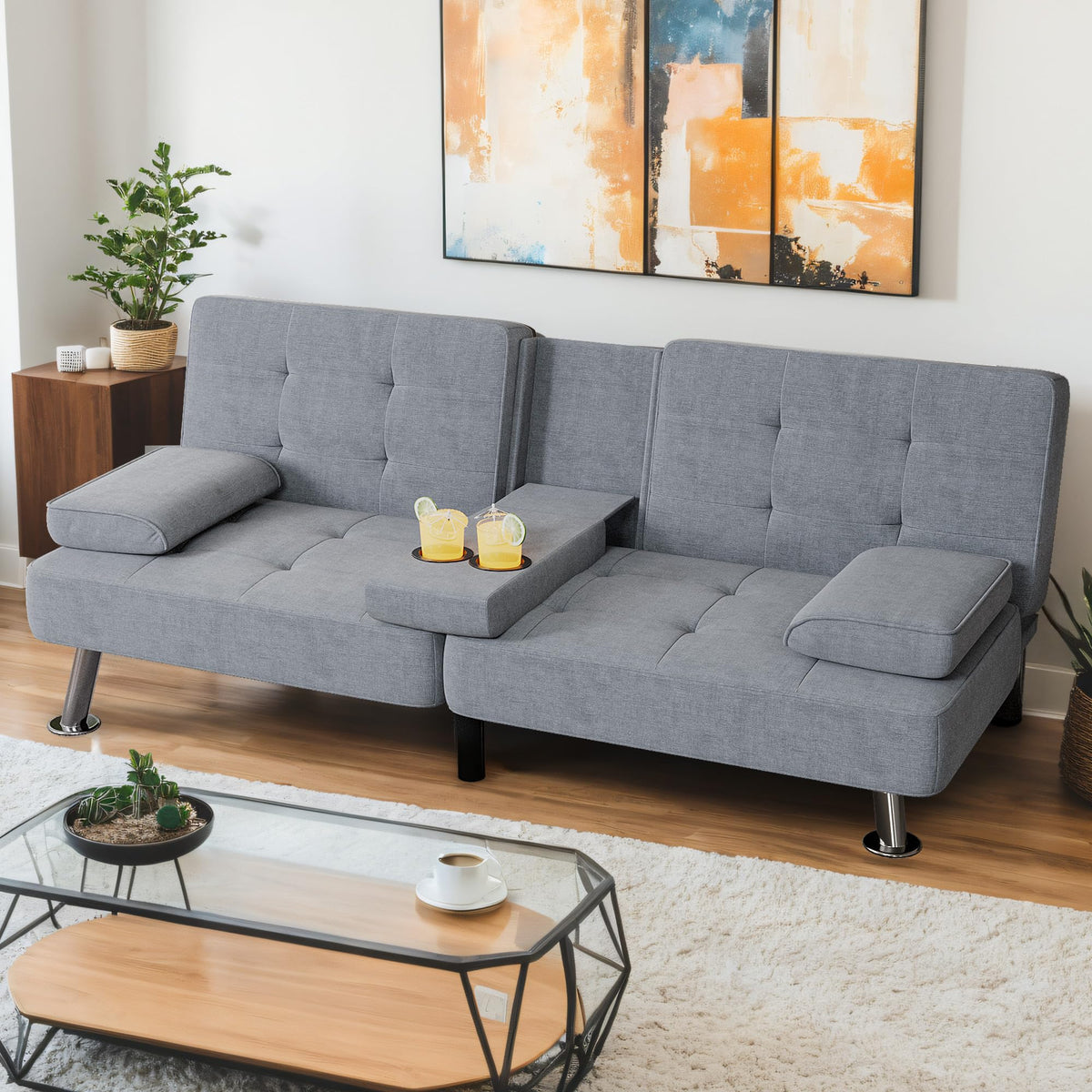 Shahoo Modern Linen Upholstered Convertible Folding Futon Sofa Bed with Removable Armrests, Metal Legs, 2 Cup Holders for Living
