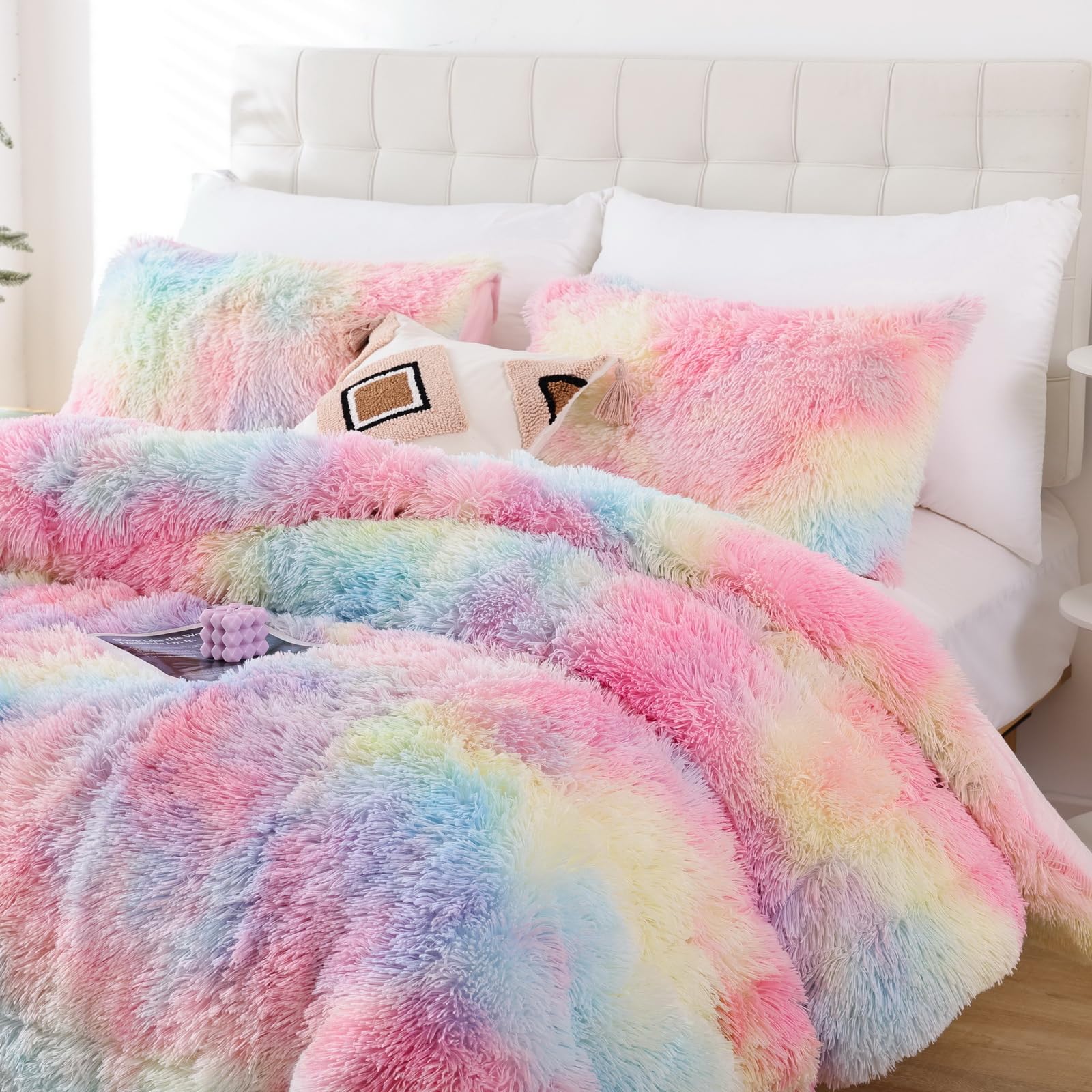 Smoofy Faux Fur Rainbow Comforter Set Queen Size 3Pcs Tie Dye Colorful Fluffy Fuzzy Plush Comforter Set Cute Soft Shaggy Velvet