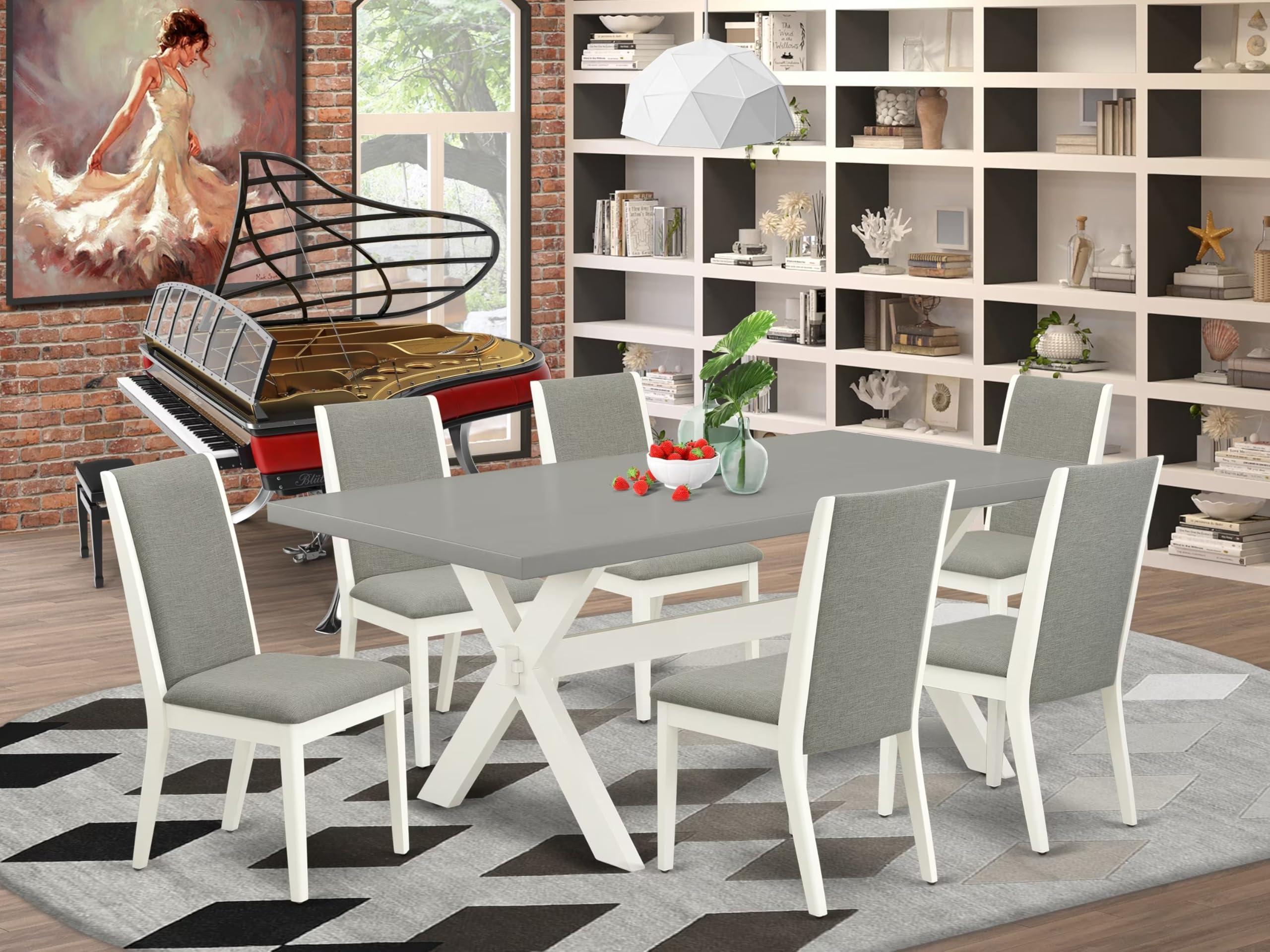East West Furniture X097La206-7 7 Piece Modern Dining Table Set Consist Of A Rectangle Wooden Table With X-Legs And 6 Shitake Linen Fabric Upholstered Chairs, 40X72 Inch, Multi-Color