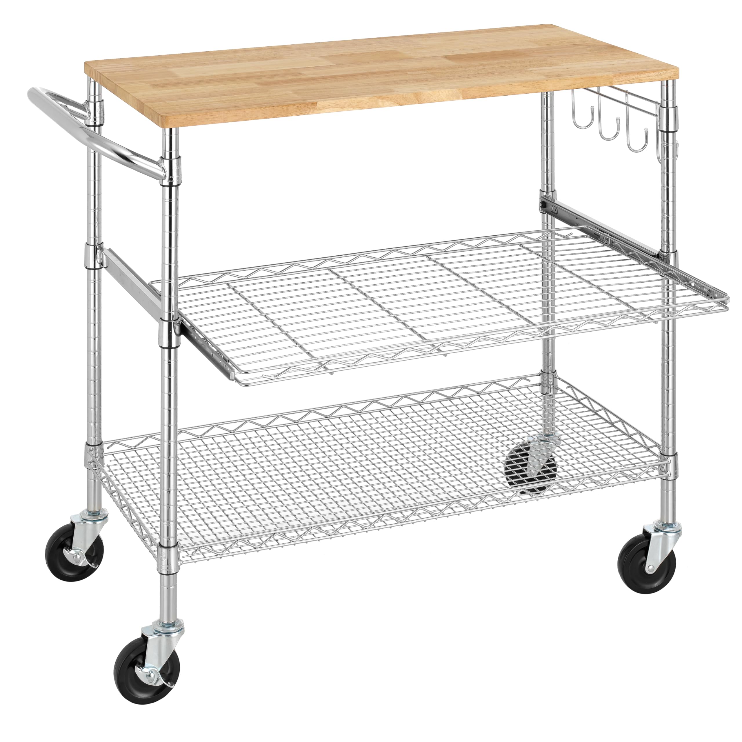 Finnhomy 3-Tier Rolling Kitchen Cart With 18' D X 36' W Oak Wood Tabletop, Kitchen Island Cart With 4' Wheels And Slider Shel