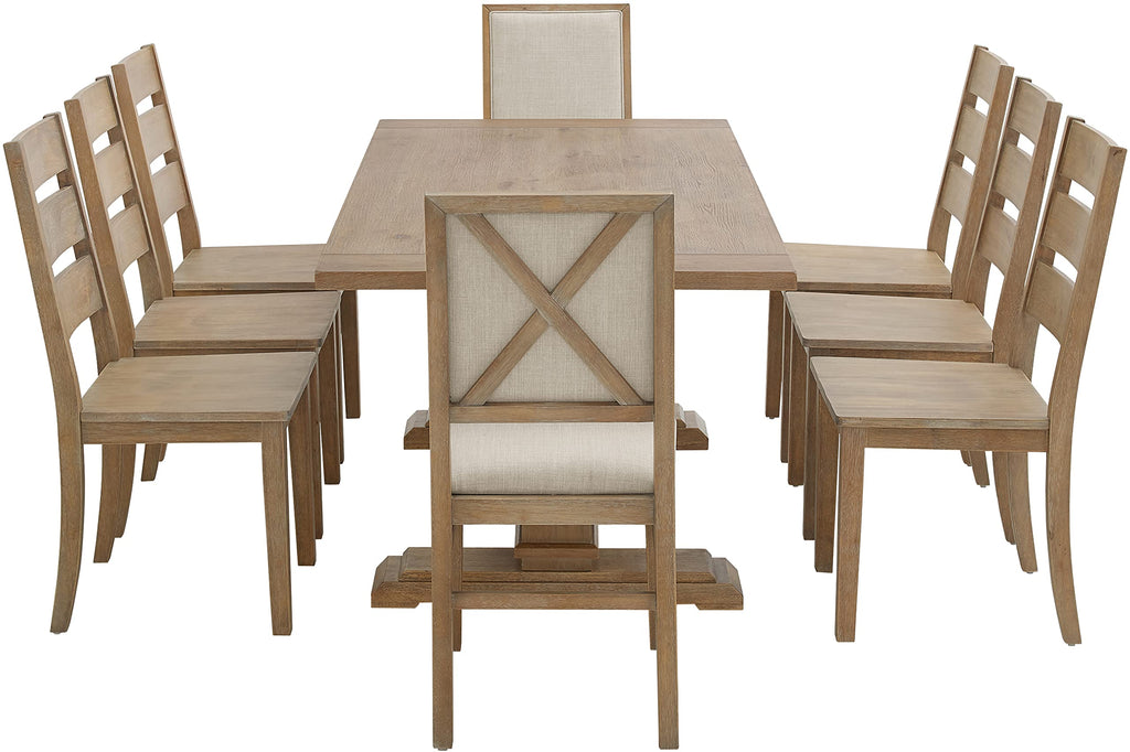 Crosley Furniture Joanna 9-Piece Modern Farmhouse Dining Table Set for 8 with 6 Ladderback and 2 Upholstered Chairs, Rustic Brown/Creme