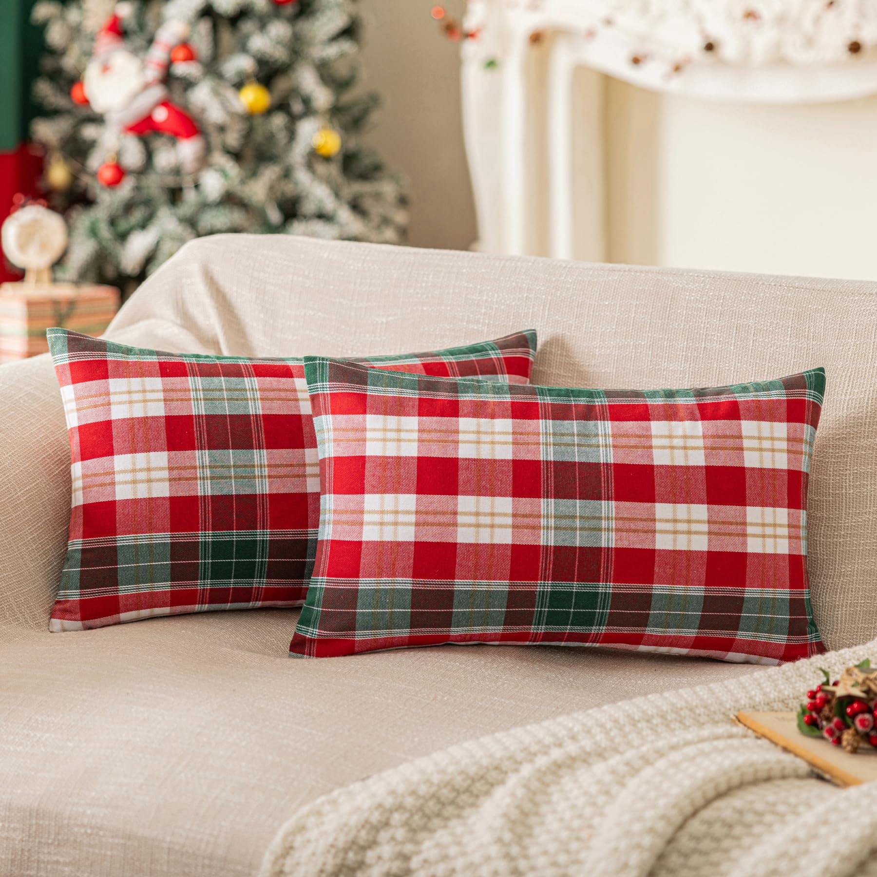 Sinyasan Set Of 2 White Christmas Scottish Plaid Throw Pillow Covers 12X20 Inch Red Woven Farmhouse Winter Decorative Pillow Cov