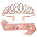 CIEHER 80th Birthday Crown + Sash + Pearl Pin Set, Elegant Gift for Women s 80th Birthday Party Decorations