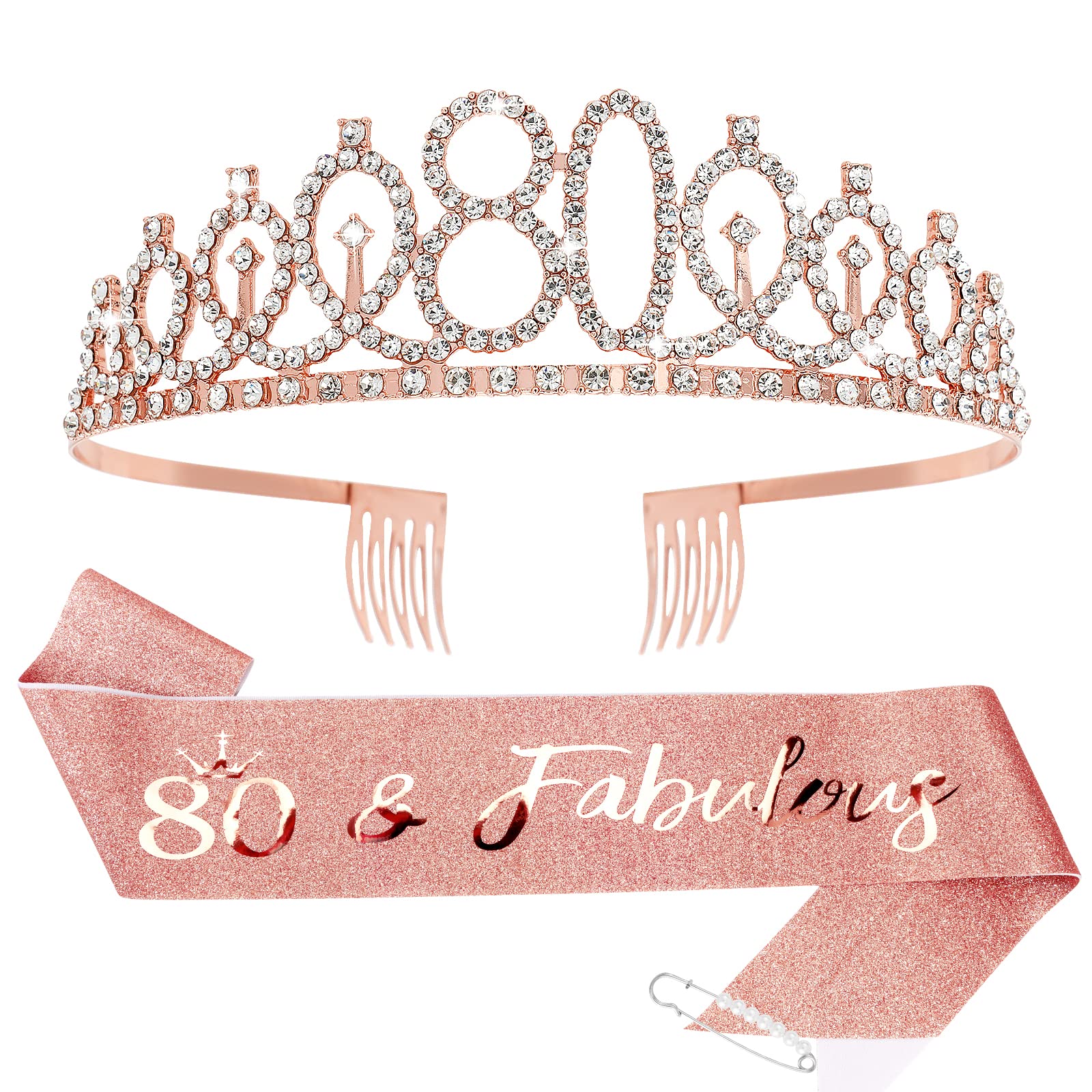 CIEHER 80th Birthday Crown + Sash + Pearl Pin Set, Elegant Gift for Women s 80th Birthday Party Decorations