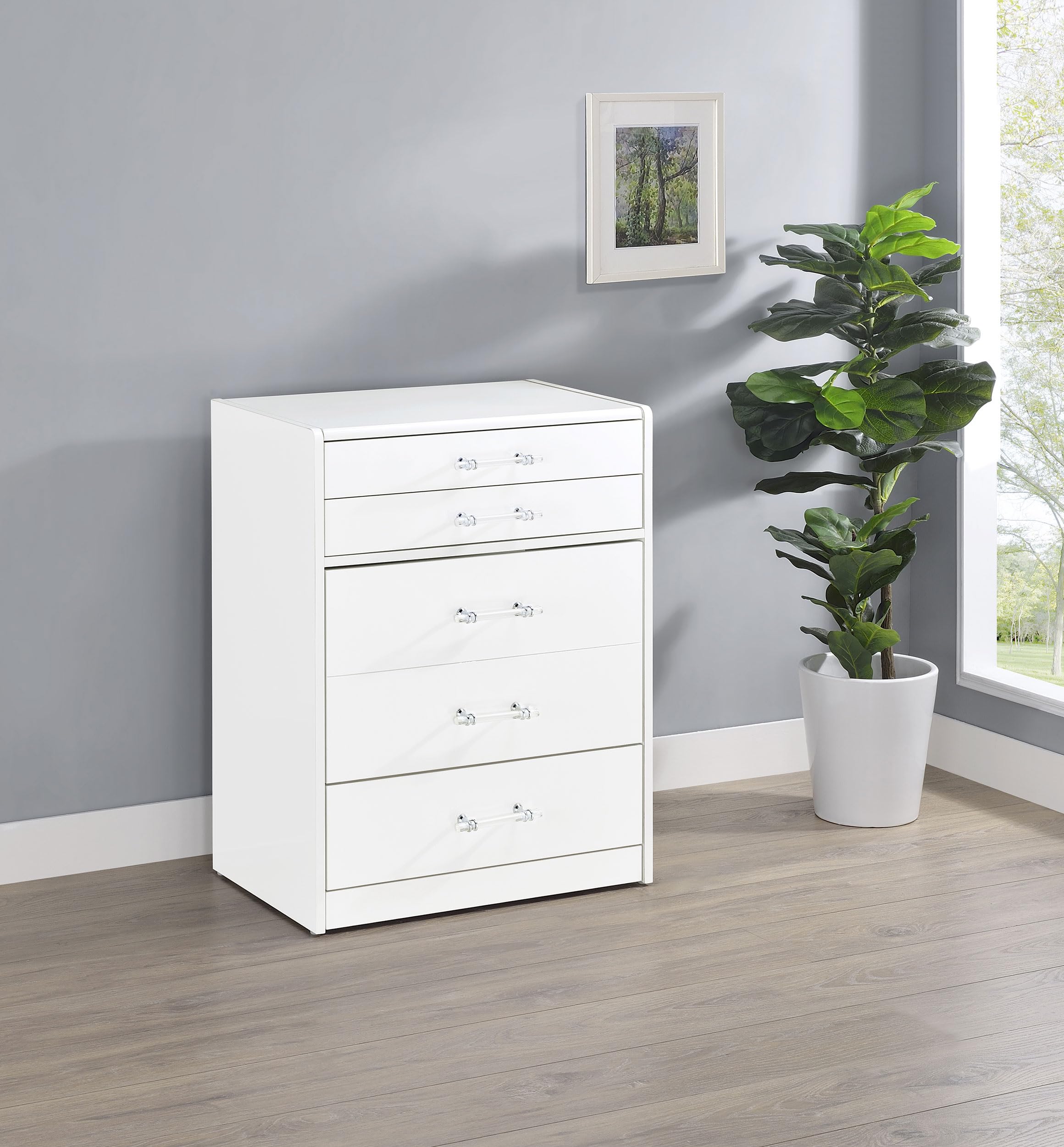 Coaster Home Furnishings Danbury Contemporary 2-Piece 2-Drawer Makeup Vanity Desk with LED Light Vanity Mirror Tempered Glass Top with Vanity Chair White High Gloss 930208