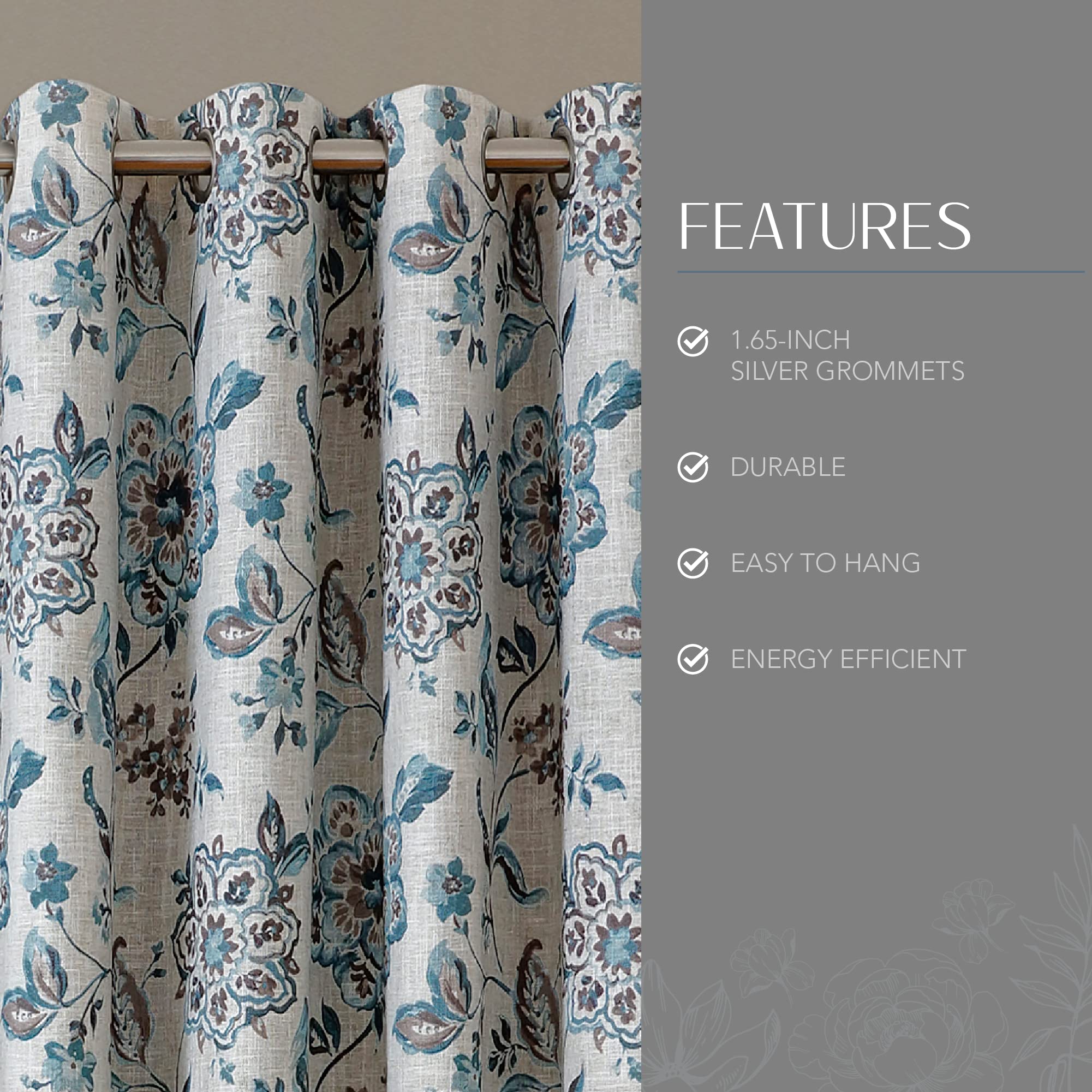 Elrene Home Fashions Sorrento Jacobean Floral Room-Darkening Window Curtain, 52 In X 95 In, Blue/Taupe