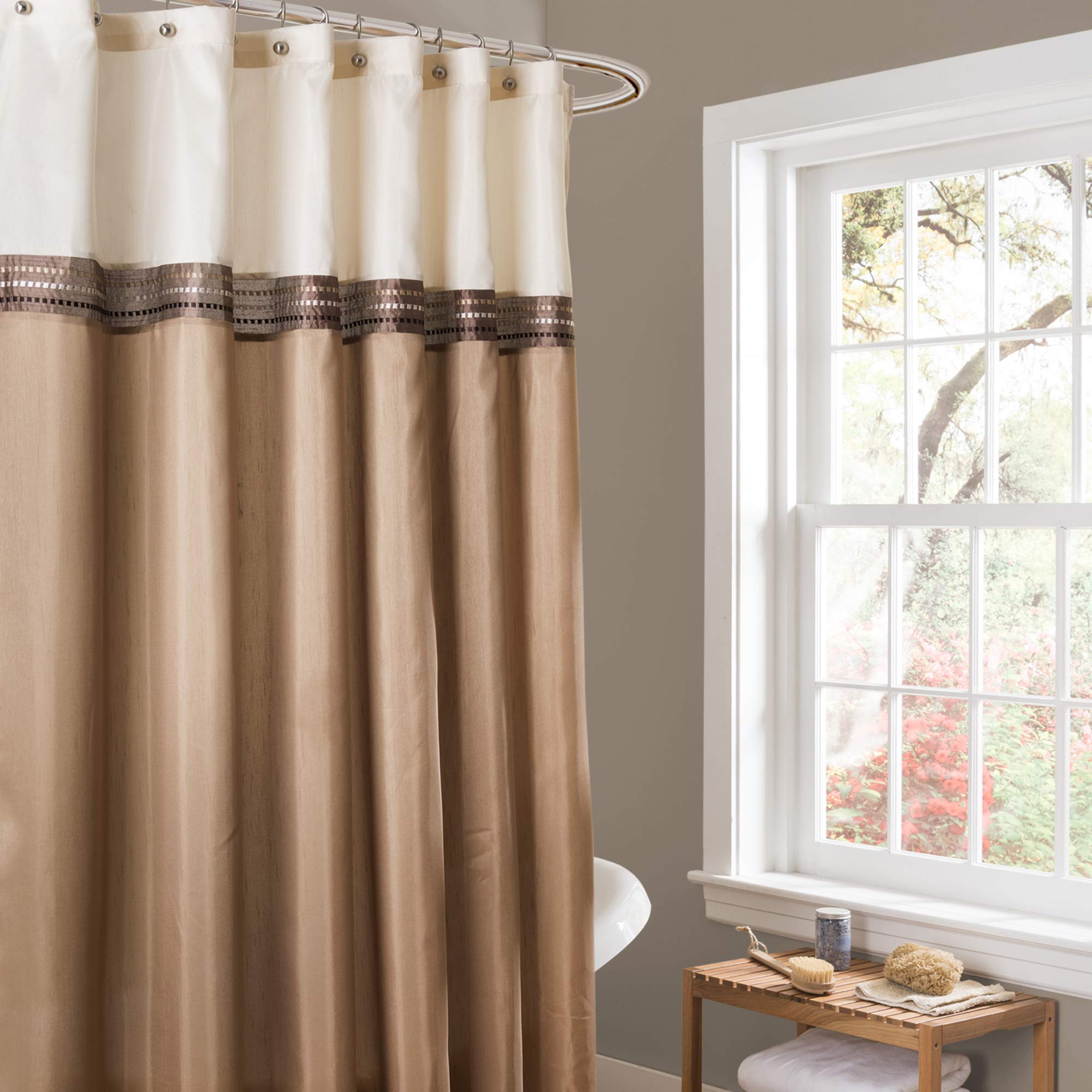 Lush Decor Beige/Ivory Terra Color Block Shower Curtain Fabric Striped Neutral Bathroom Decor, Inch, 72' W X 72' L
