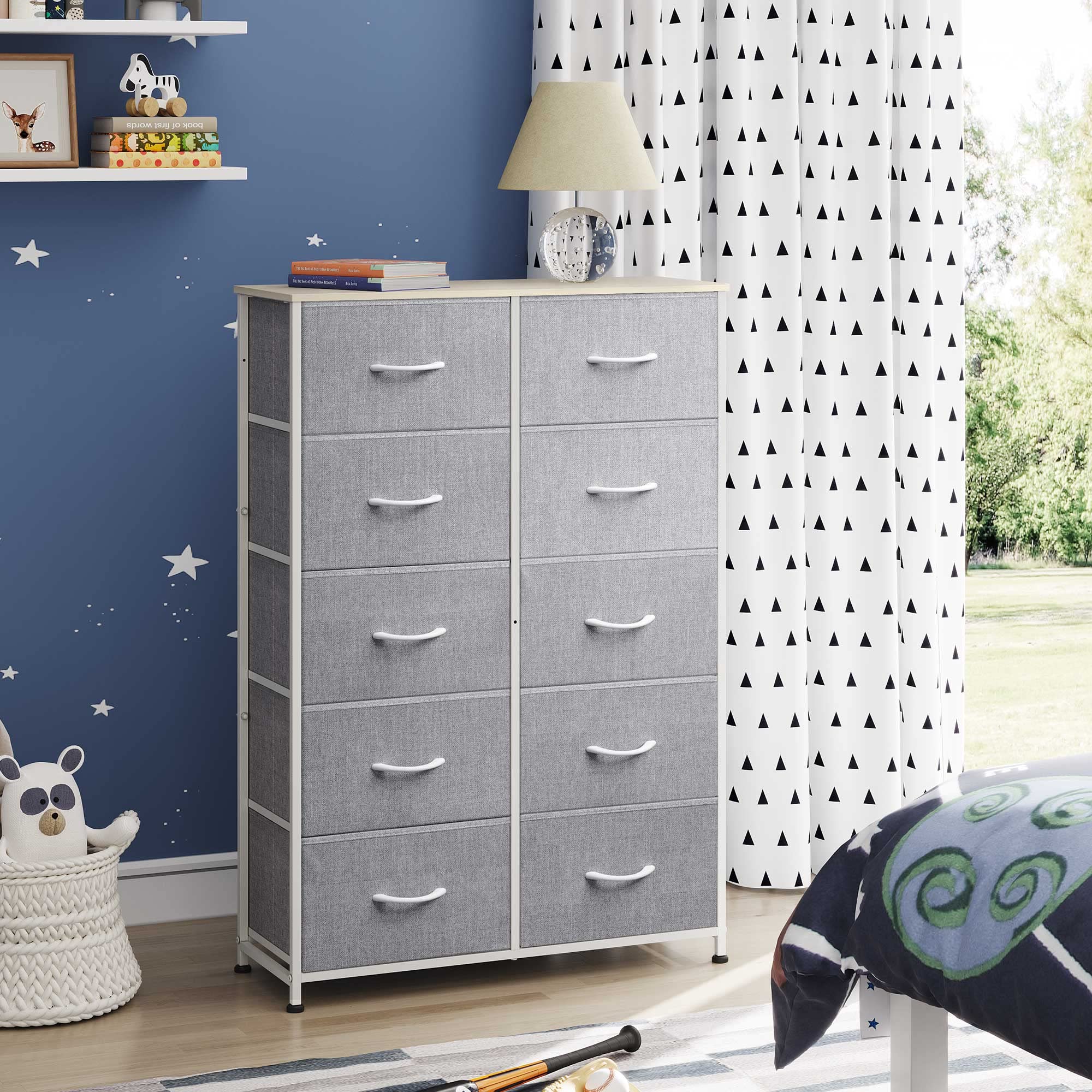 Wlive 10-Drawer Dresser, Fabric Storage Tower For Bedroom, Hallway, Nursery, Closets, Tall Chest Organizer Unit With Textured Print Fabric Bins, Steel Frame, Wood Top, Easy Pull Handle, Light Grey