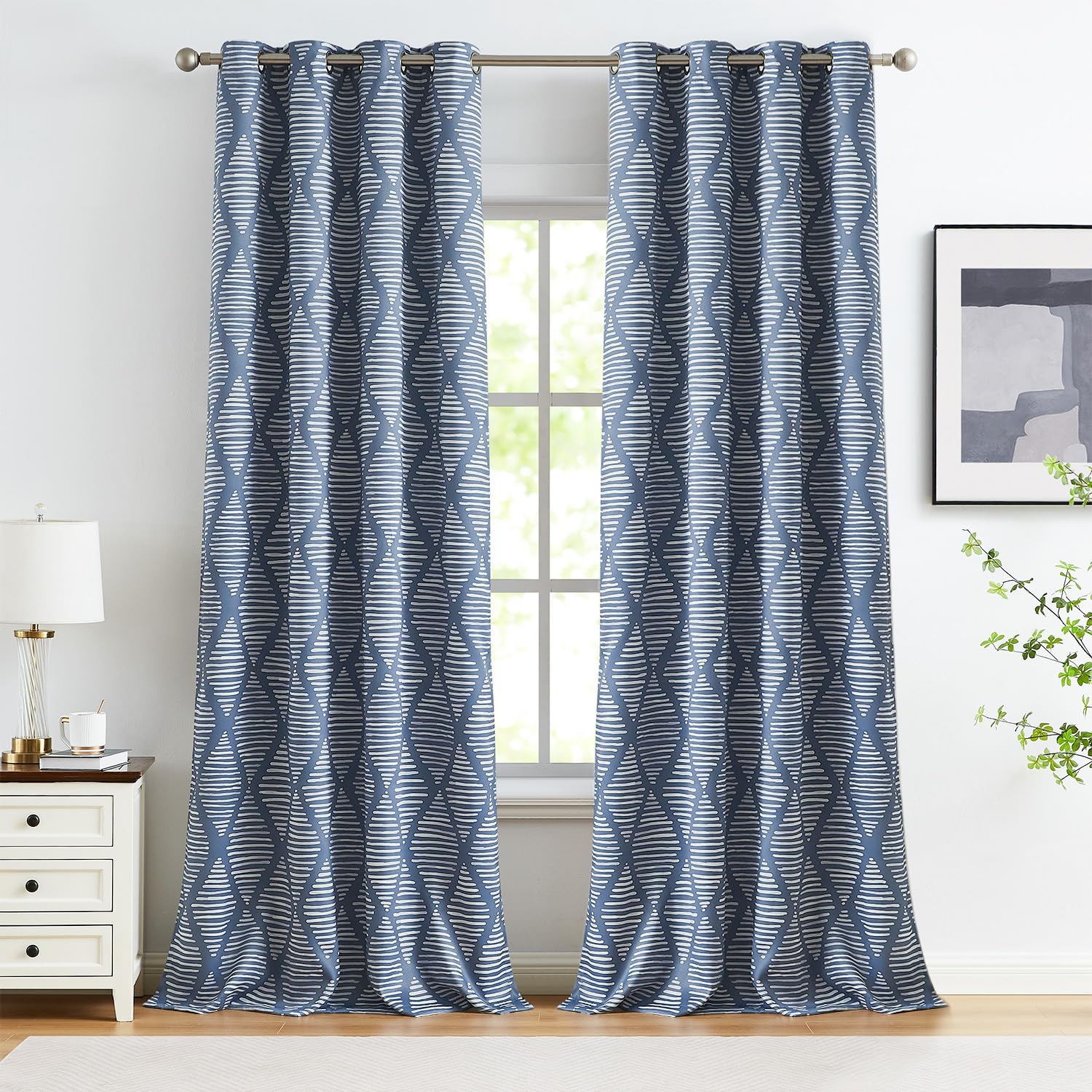Jinchan 100% Blackout Curtains 96 Inches Long Blue Geometric Printed Curtains Thermal Insulated Pattern Bedroom Curtains Modern