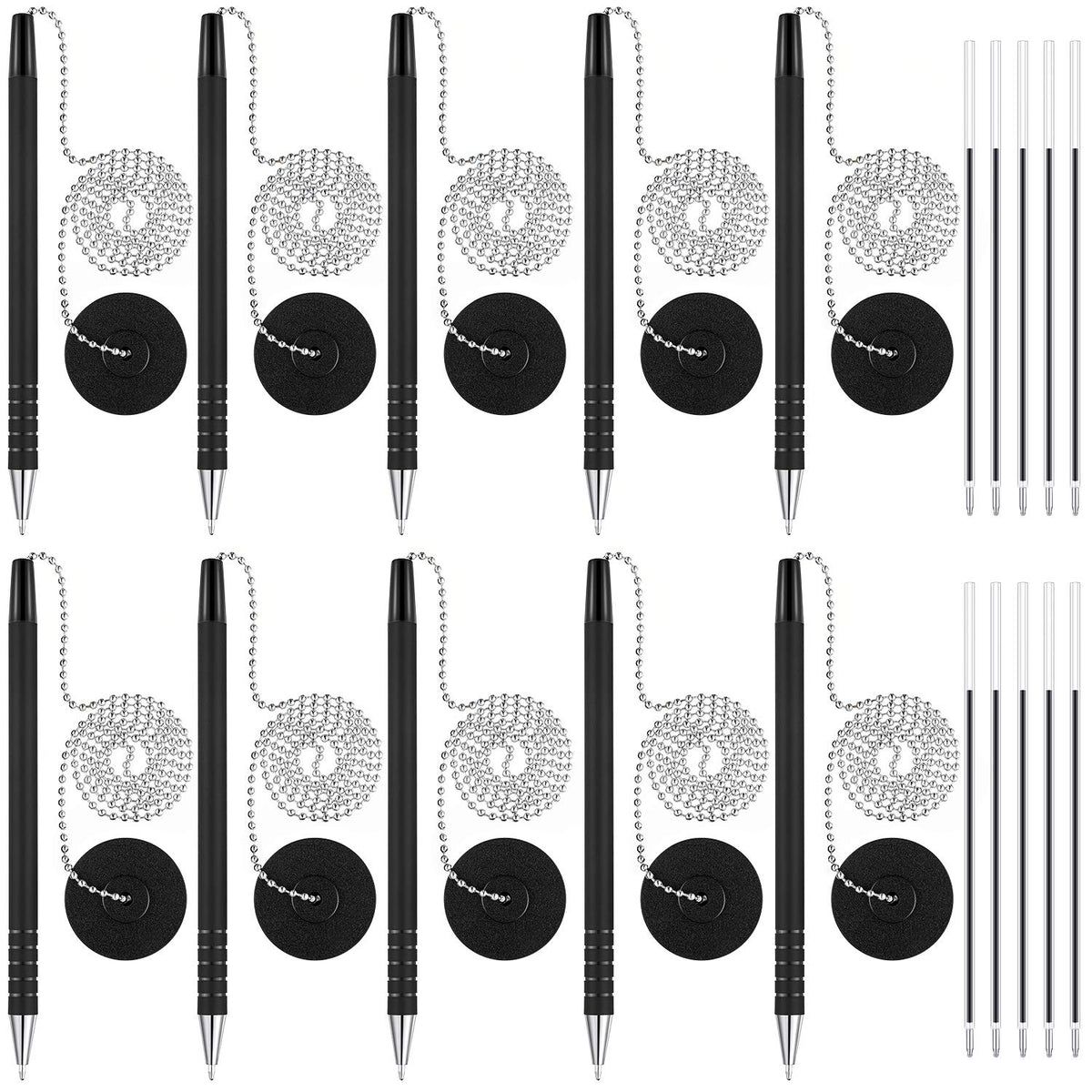 Security Pen Set With Bead Chain And Pen Holder, Desktop Pens With Chains, Blank Ink Refills For Office Bank Supplies, Black (20