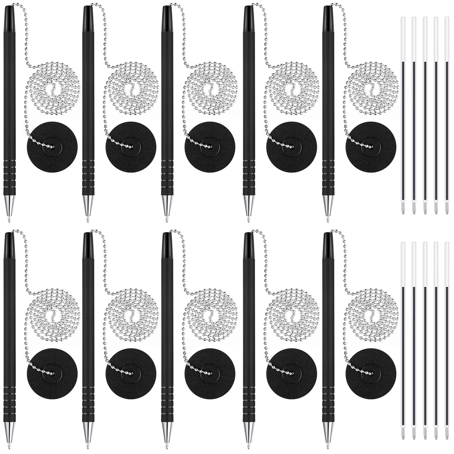 Security Pen Set With Bead Chain And Pen Holder, Desktop Pens With Chains, Blank Ink Refills For Office Bank Supplies, Black (20