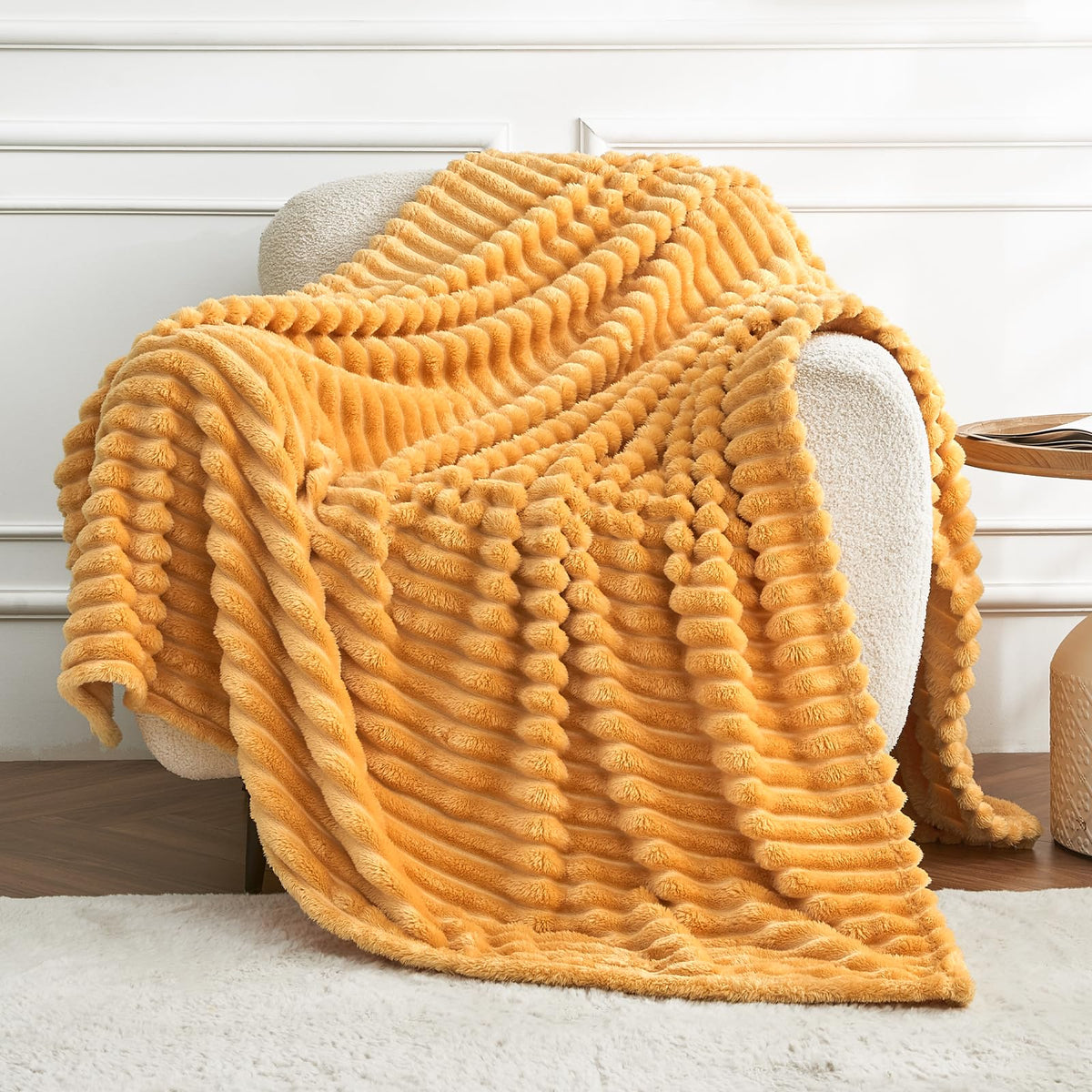 Dissa Fleece Blanket Throw Size - 51X63, Wide Stripe, Yellow - Soft, Plush, Fluffy, Fuzzy, Warm, Cozy - Perfect Throw For Couch,