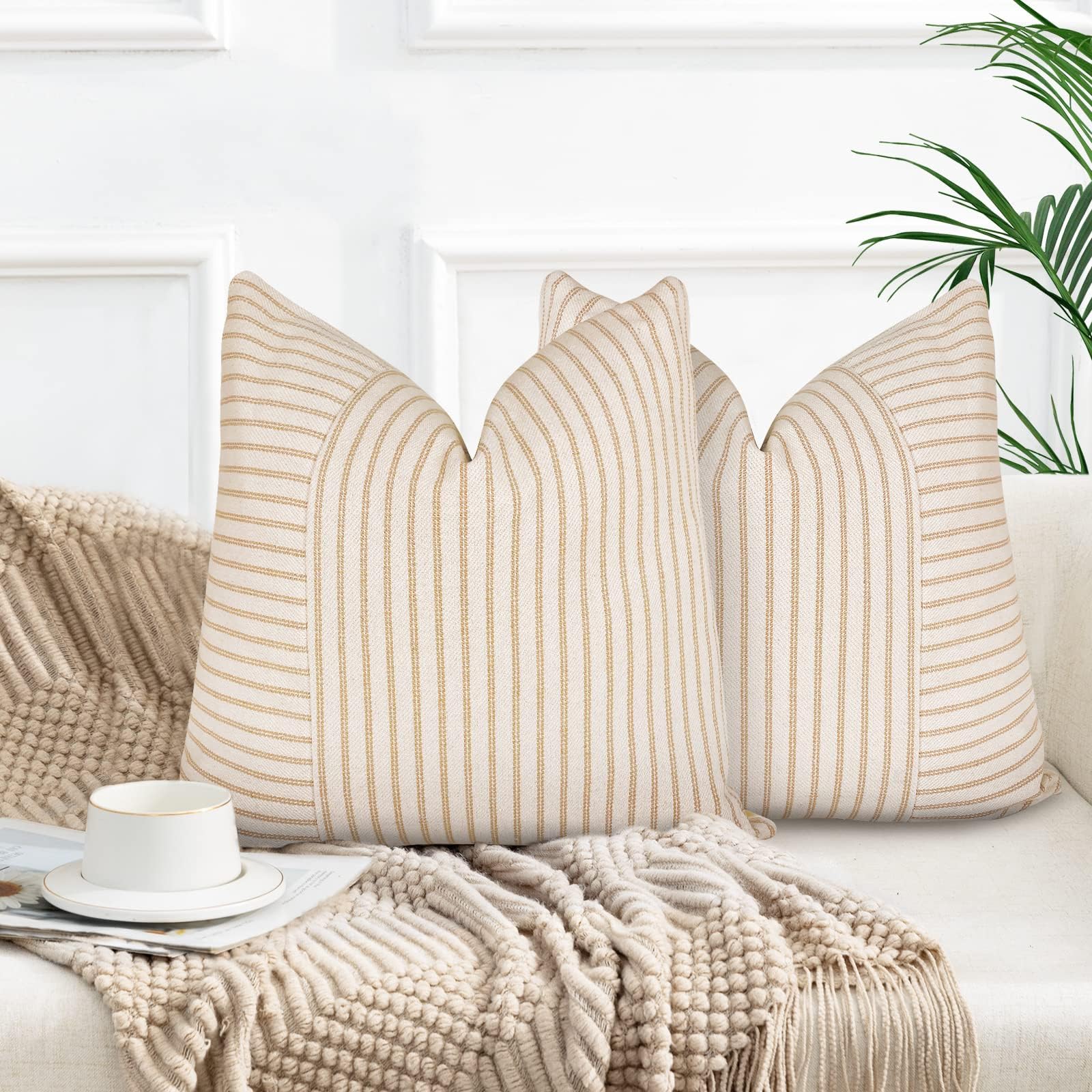 Farmhouse Pillow Covers 20X20, Modern Accent Square Throw Pillow Covers Set Of 2, Khaki And Beige Striped Patchwork Linen Decora