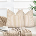 Farmhouse Pillow Covers 16X16, Modern Accent Square Throw Pillow Covers Set Of 2, Khaki And Beige Striped Patchwork Linen Decora