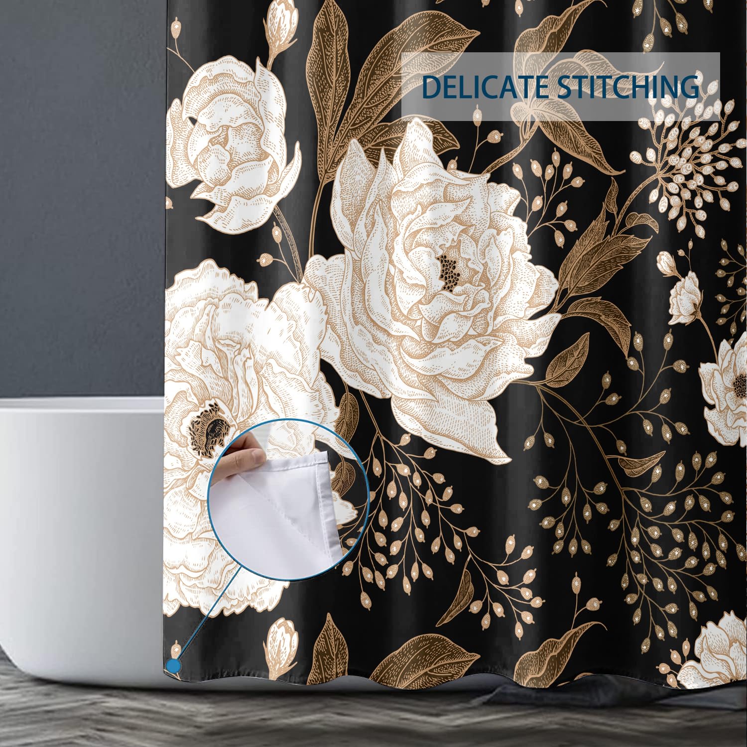 Bivinar Black Gold Floral Shower Curtain, Black Flowers Bathroom Shower Curtain, Fabric Waterproof Shower Curtain With 12 Hooks,