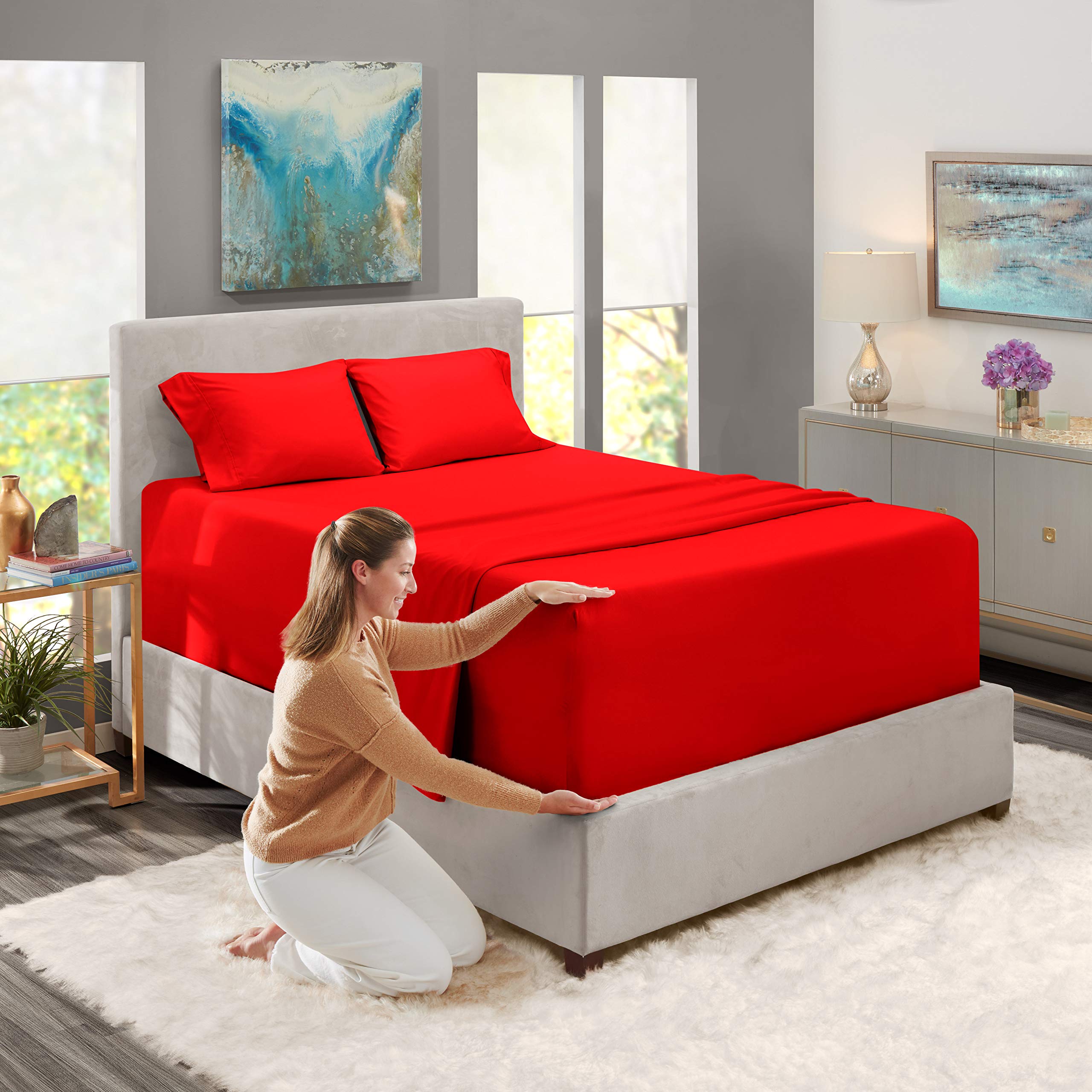 Nestl Extra Deep Pocket Sheets - Fits Mattress 18-24 Inches Deep, Extra Deep Pocket Queen Sheets Sets, 4 Piece Queen Size Sheets, Queen Sheets Deep Pocket, Cherry Red Queen