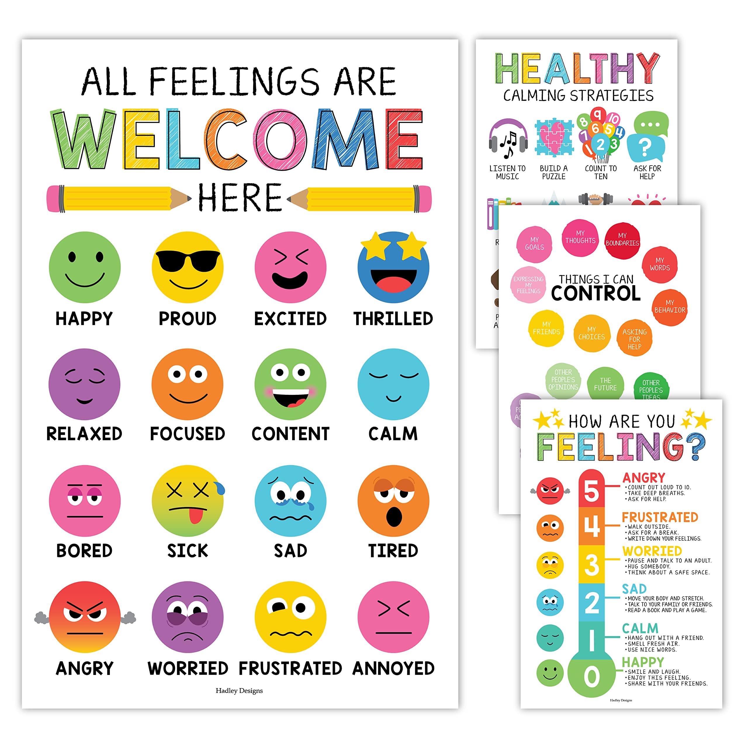 4 Colorful Feelings Chart For Kids Emotions Chart For Kids Feelings Poster - Toddler Emotions Posters For Classroom Must Haves,