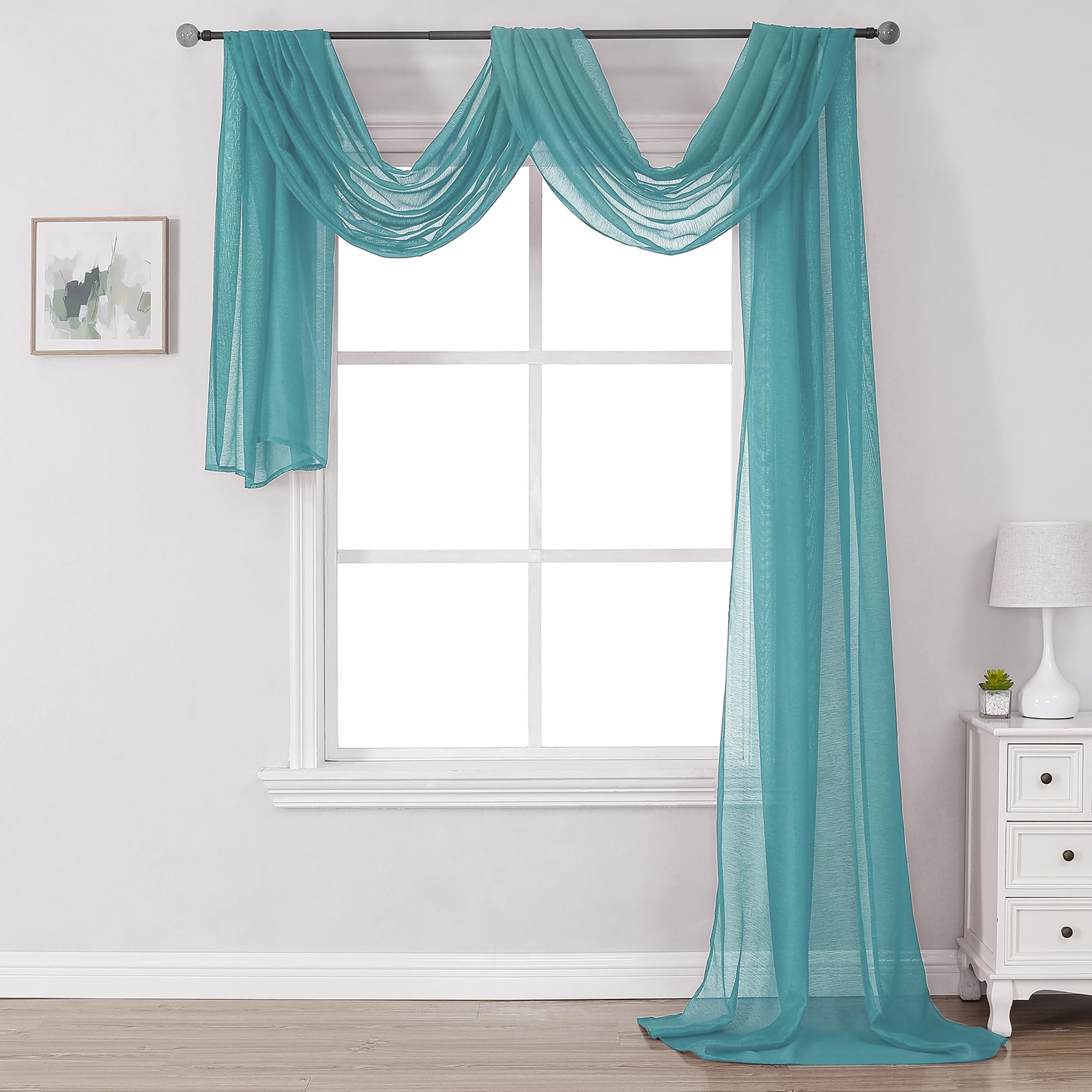 DONREN Teal Window Scarf for Outdoor Decoration - Add Luxury Beautiful Elegant Effect to Curtain Panels (1 Panel, 52 x 288 Inche
