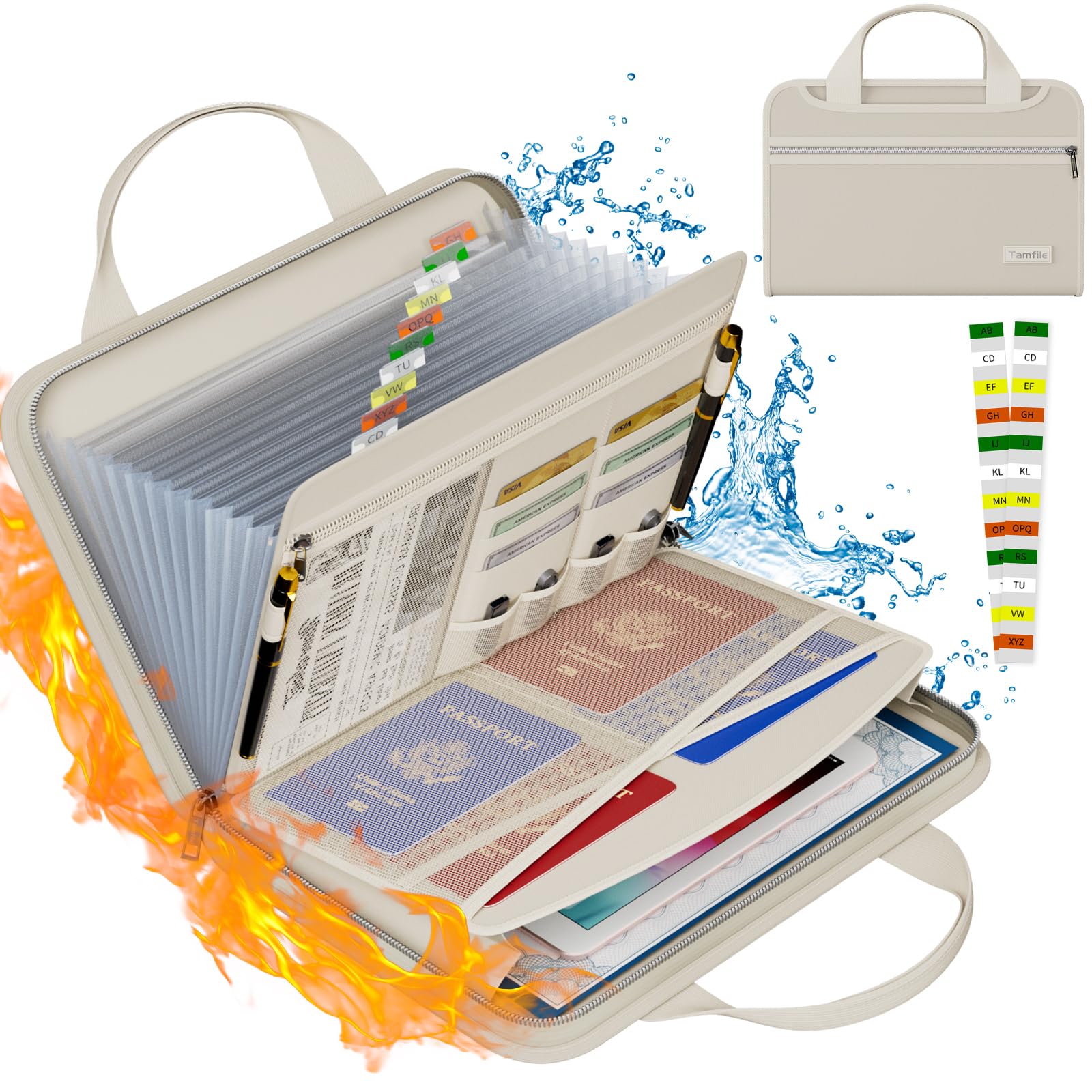 Tamfile Fireproof Accordion File Organizer With Handle, 13 Pocket Transparent Expanding File Folder With Zipper & Labels, File F