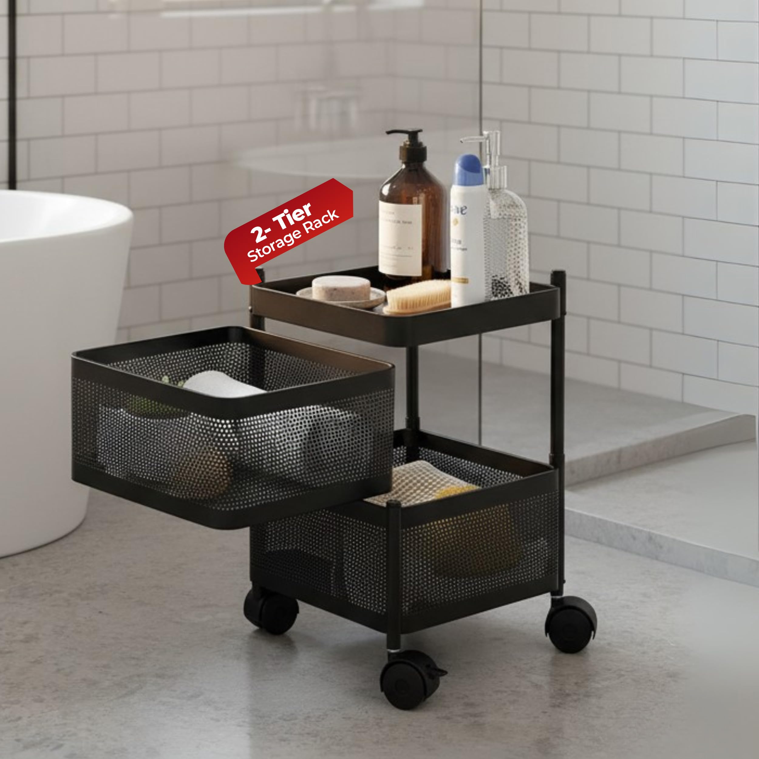 Havai 2Layer Metal Kitchen Storage Trolley | Square Design Rolling Rack With PullOut Drawers | MultiPurpose Organizer For Veg