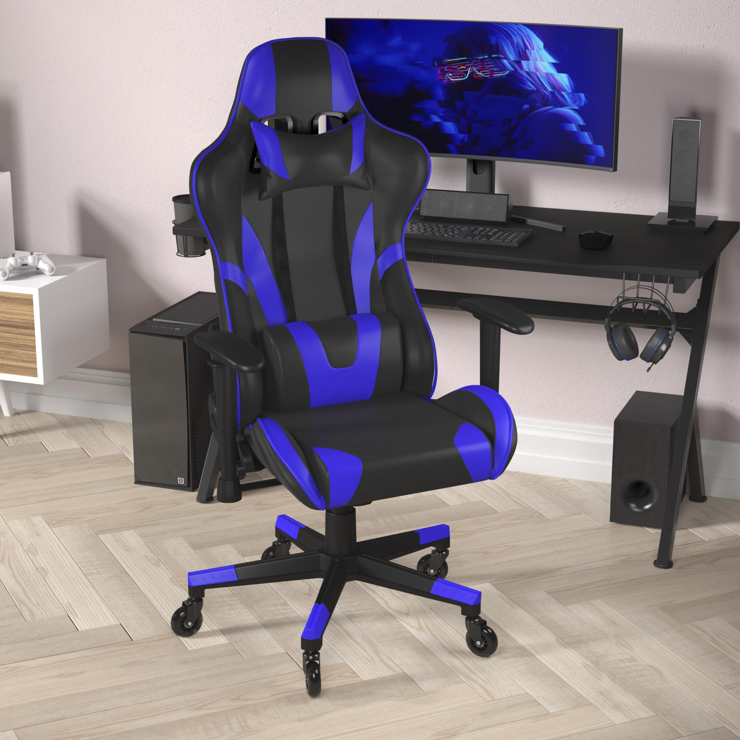 Flash Furniture X20 Gaming Chair Racing Office Computer Pc Adjustable Chair - Blue Leathersoft Upholstery - Reclining Back - Roller Wheels