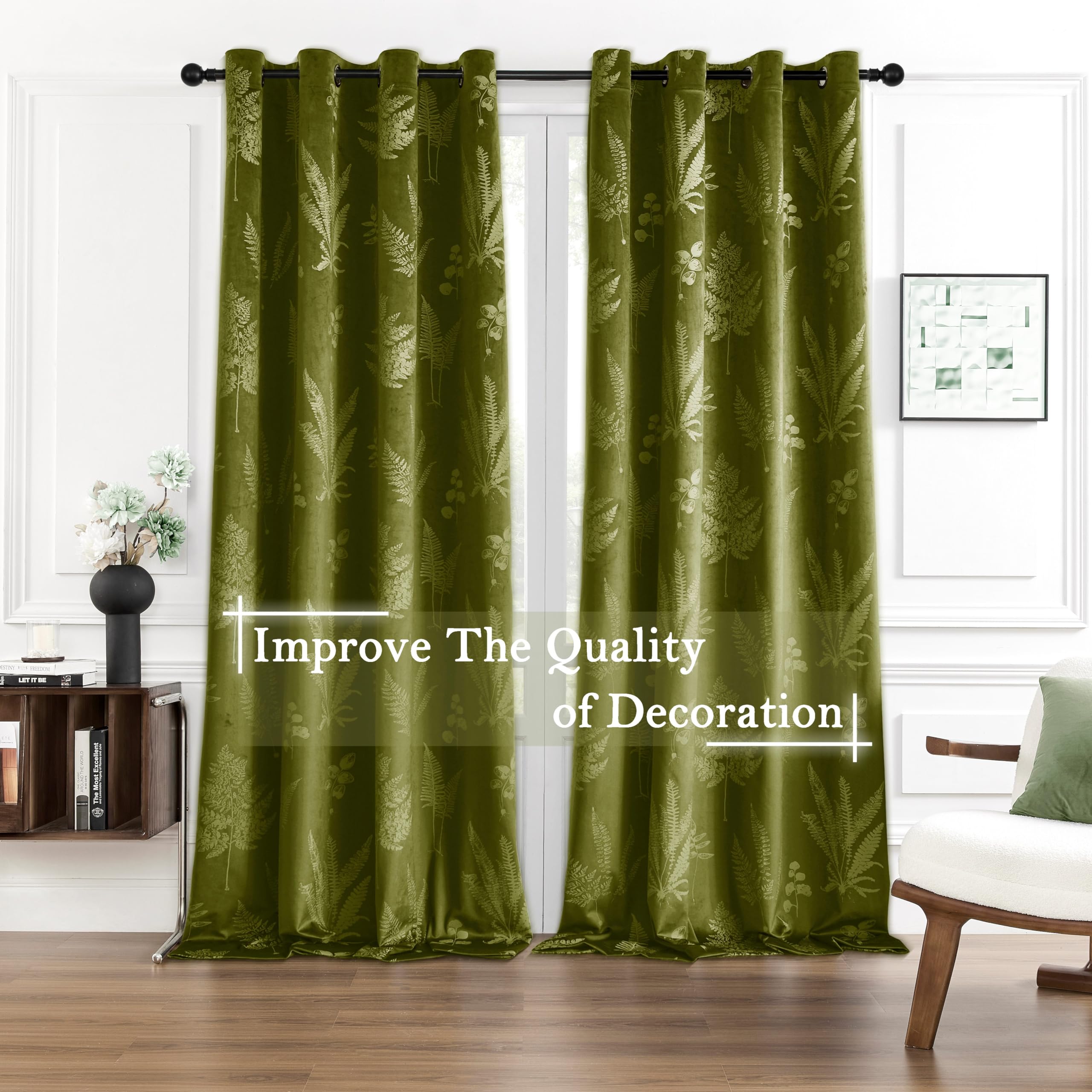 Smiletime Green Velvet Curtains 108 In Long, Thermal Insulated Soft Privacy Noise Reducing Light Filtering Leaf Pattern Velvet D