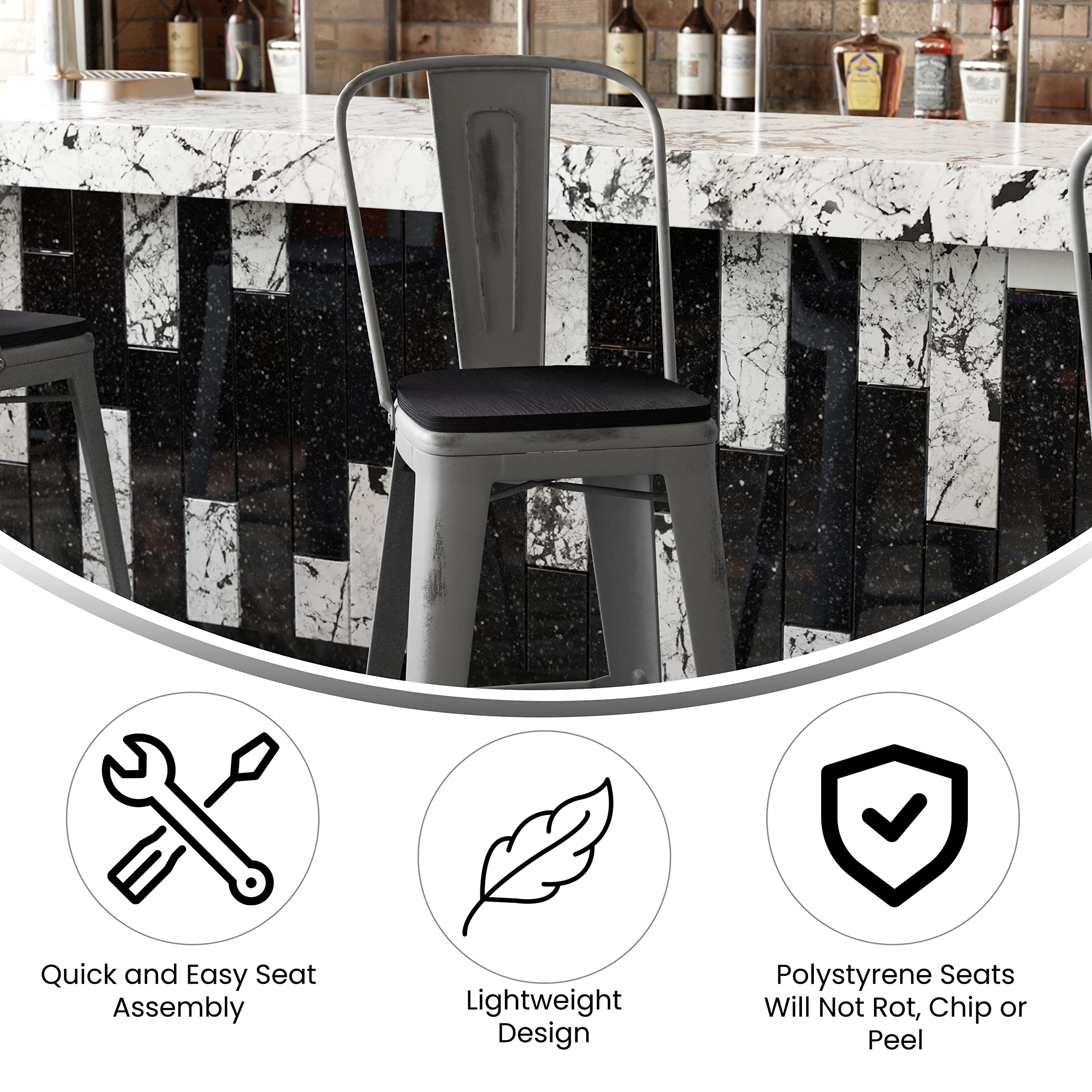 Flash Furniture Lincoln Commercial Indoor Metal Bar Stool - Clear Coated Metal Frame - Black Polystyrene Seat - 24 Inches High - Vertical Slat Back