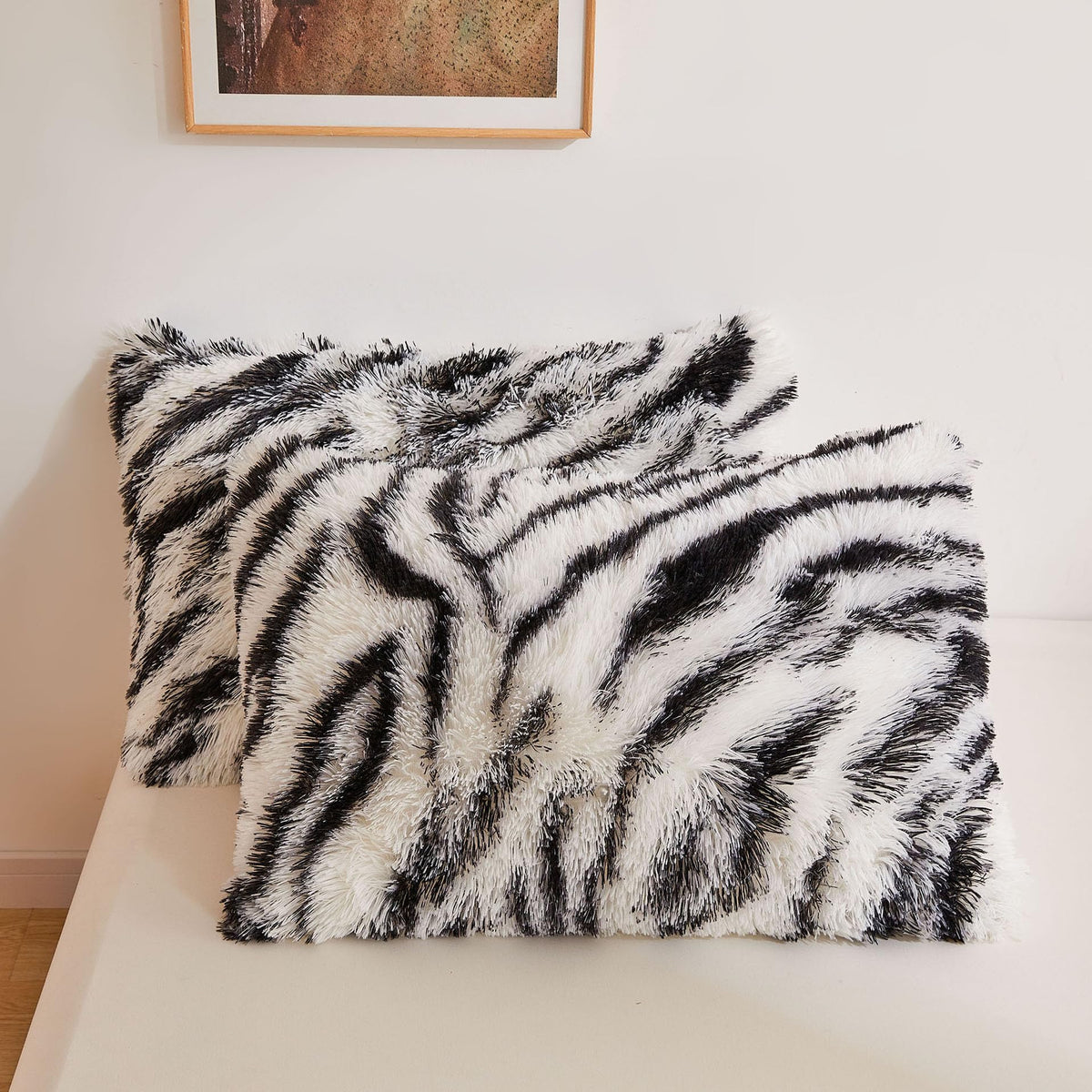 Xege Zebra Print Faux Fur Fluffy Pillowcases, Plush Shaggy Soft Long Pillow Covers, Fuzzy Striped Pillow Cases, Furry Pillow Sha