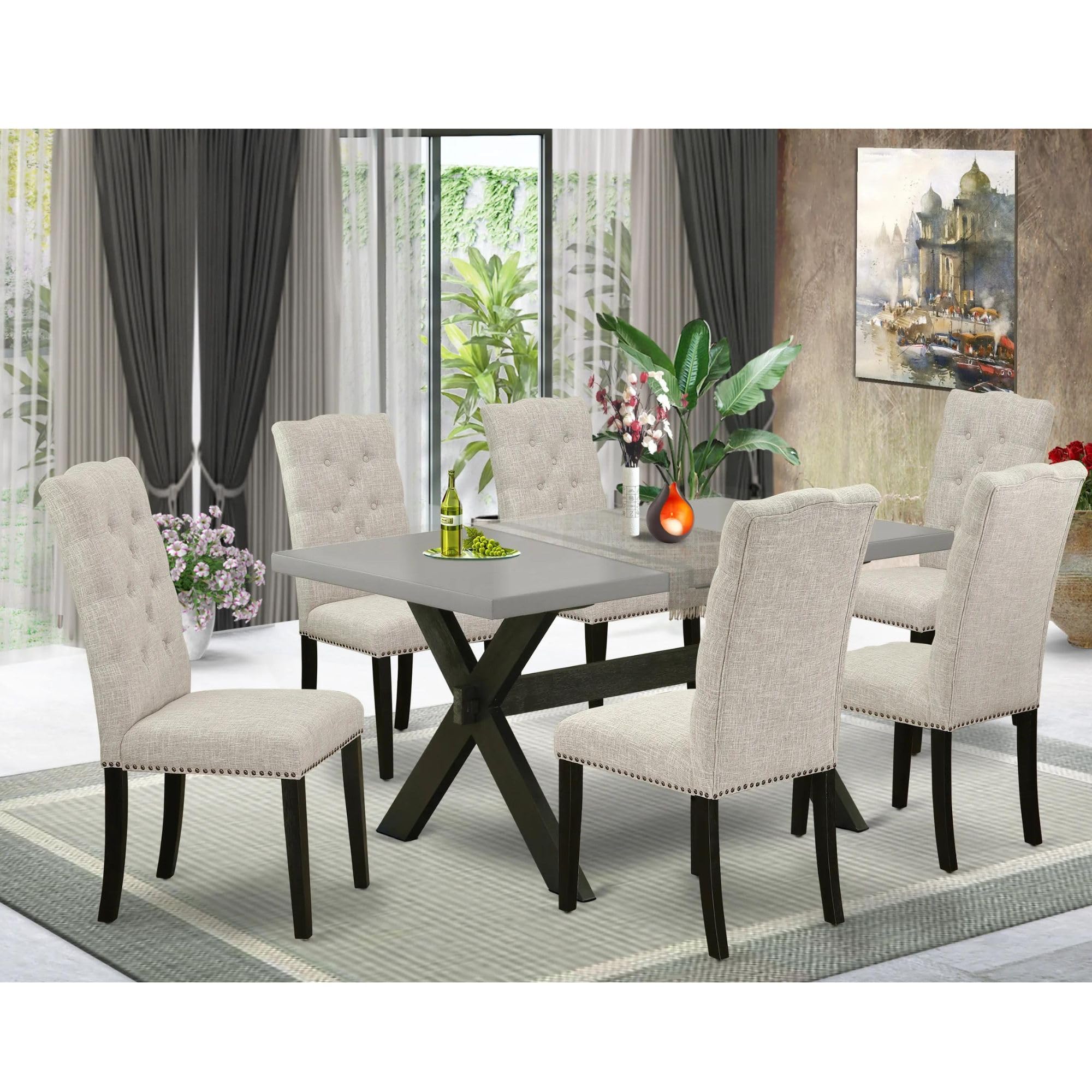 East West Furniture X-Style 7 Piece Room Furniture Set Consist Of A Rectangle Dining Table With X-Legs And 6 Doeskin Linen Fabric Parsons Chairs, 36X60 Inch, Multi-Color