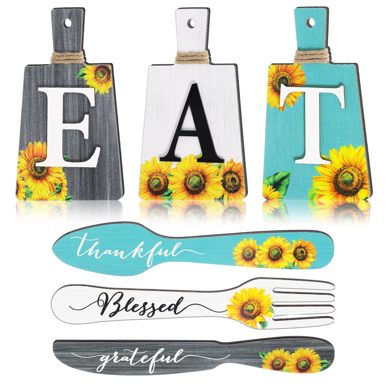 Yerliker 6 Pieces Sunflower Kitchen Decor Eat Signs Fork and Spoon Wall Decor Cutting Board Eat Sign Set Rustic Primitive Countr