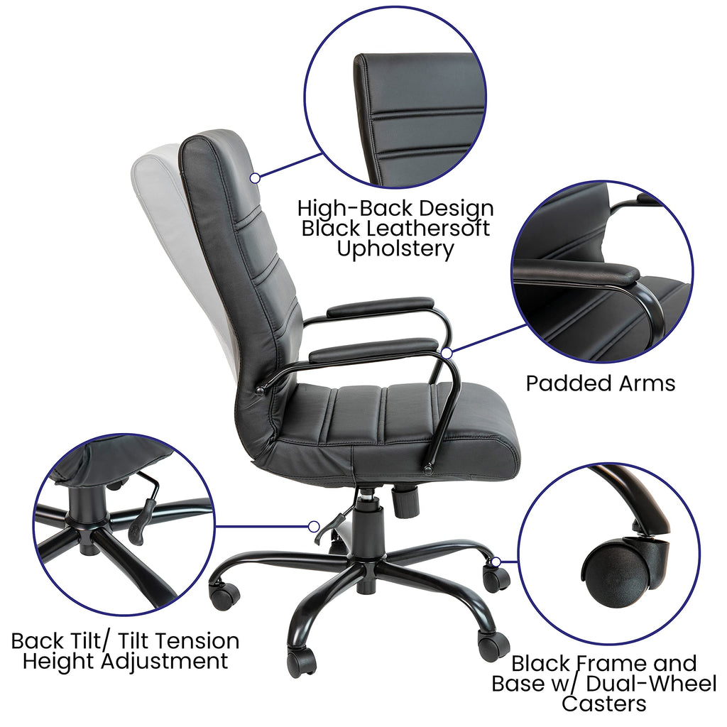 Flash Furniture Whitney High-Back Swivel LeatherSoft Desk Chair with Padded Seat and Armrests, Adjustable Height Padded Office Chair, Black