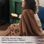 Phf 100% Cotton Waffle Weave Throw Blanket 50' X 60'-Lightweight Washed Soft Breathable Blanket For Adults And Kids-Perfect Blanket Layer For Couch Bed Sofa-Elegant Home Decoration - Cappuccino