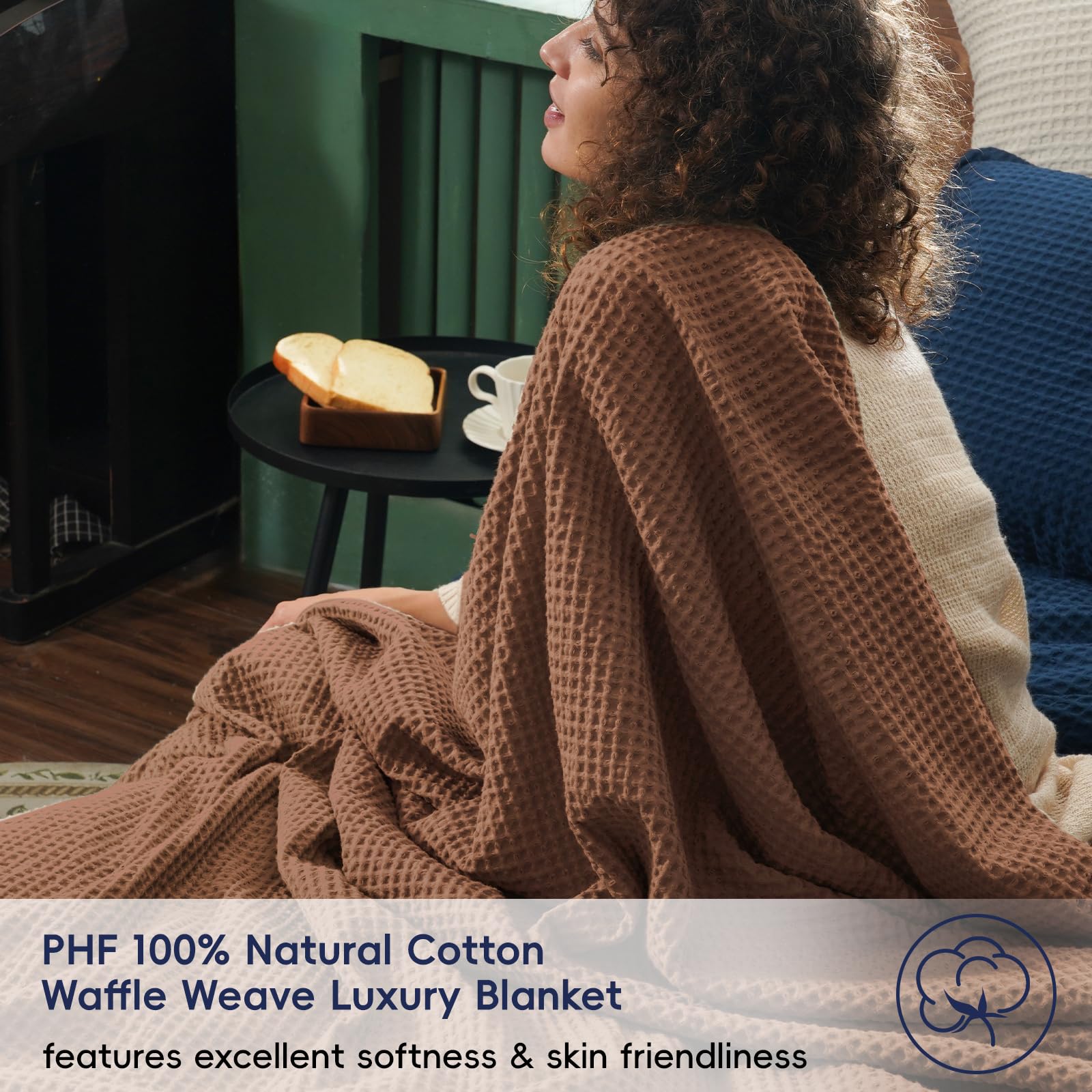 Phf 100% Cotton Waffle Weave Throw Blanket 50' X 60'-Lightweight Washed Soft Breathable Blanket For Adults And Kids-Perfect Blanket Layer For Couch Bed Sofa-Elegant Home Decoration - Cappuccino