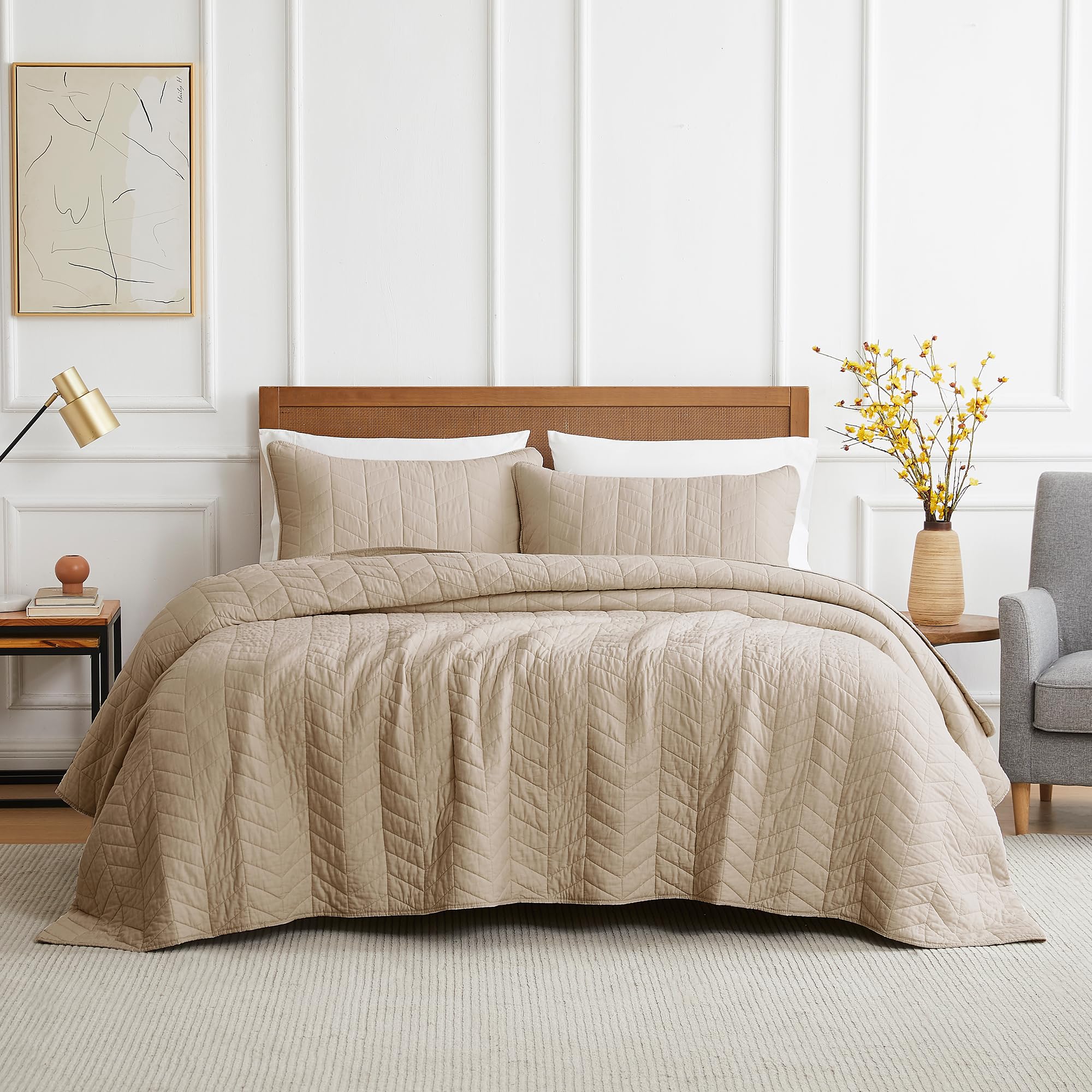 Palassio Dark Beige 100% Cotton Quilt Queen Size Bedding Sets With Pillow Shams, Lightweight Soft Bedspread Coverlet, Quilted Co