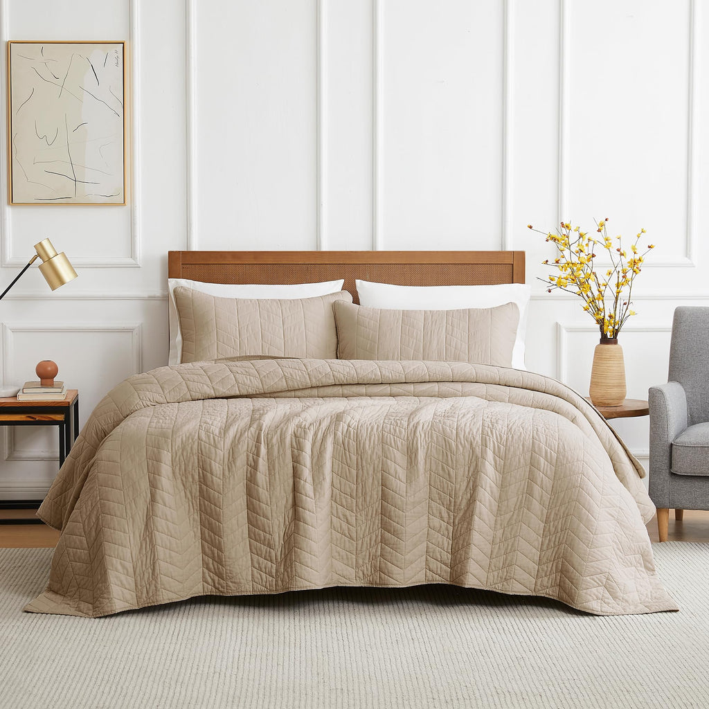 Palassio Dark Beige 100% Cotton Quilt Queen Size Bedding Sets With Pillow Shams, Lightweight Soft Bedspread Coverlet, Quilted Co