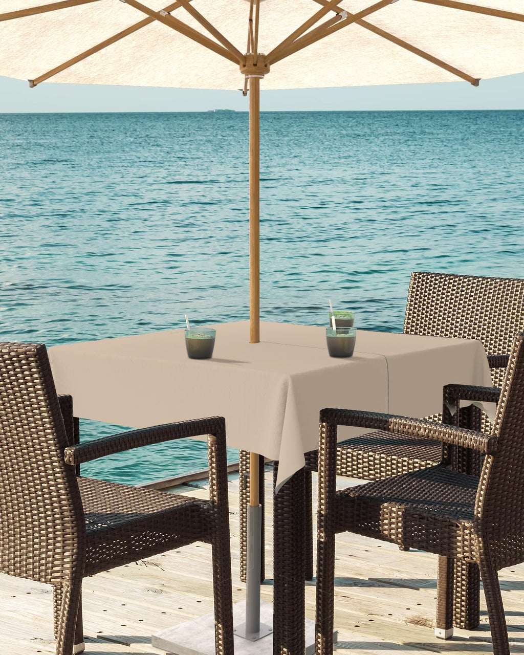 Queenker Light Khaki Outdoor Tablecloth With Umbrella Hole And Zipper, Solid Color Table Cover For Square Tables Waterproof Tabl