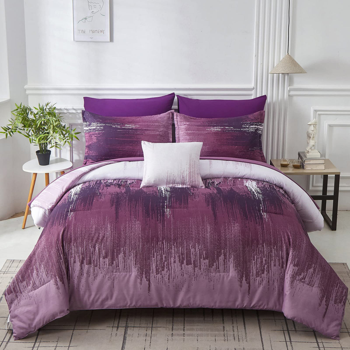 Dinjoy Ombre Purple Comforter Set Queen Size Reversible Gradient Purple Grey Boho Bedding Set For Men Women 8 Pieces Bed In A Ba