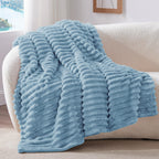 Bedelite Fleece Throw Blanket For Couch - 300Gsm Soft & Warm Fluffy Light Blue Blanket, Decorative And Giftable Striped Blankets