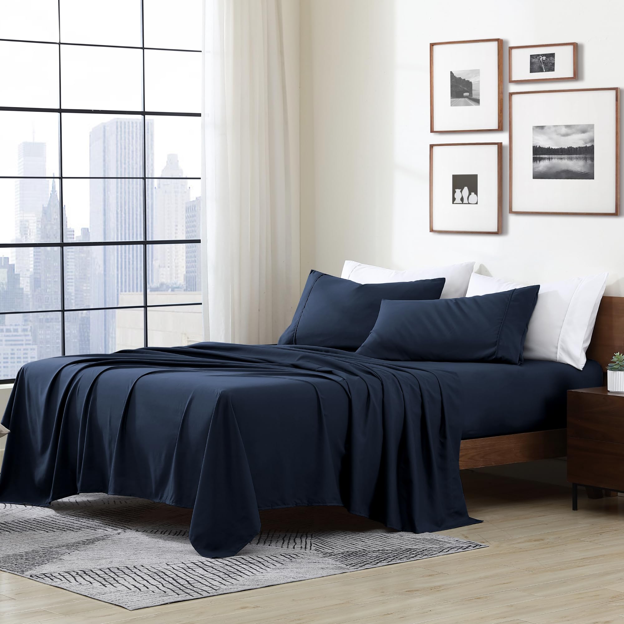 Cathay Home Essentials Ultra Soft Hypoallergenic Wrinkle Resistant Double Brushed Microfiber Bedding Sheet Set, Navy, Twin Xl