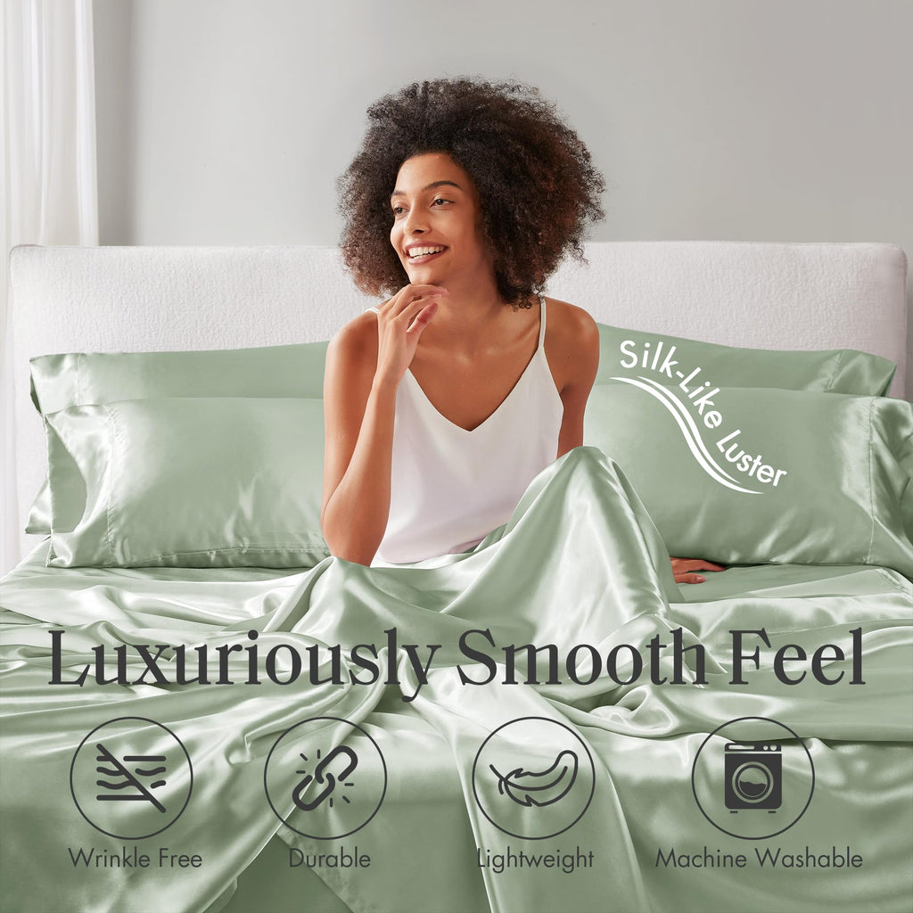 Madison Park Essentials Satin Sheets Twin Size, Luxurious Silky Satin Bed Sheets, Elastic 14' Pocket Fits Up To 16' Mattress, Wrinkle-Free, Soft Satin Bed Sheet Set, Sage 4 Piece