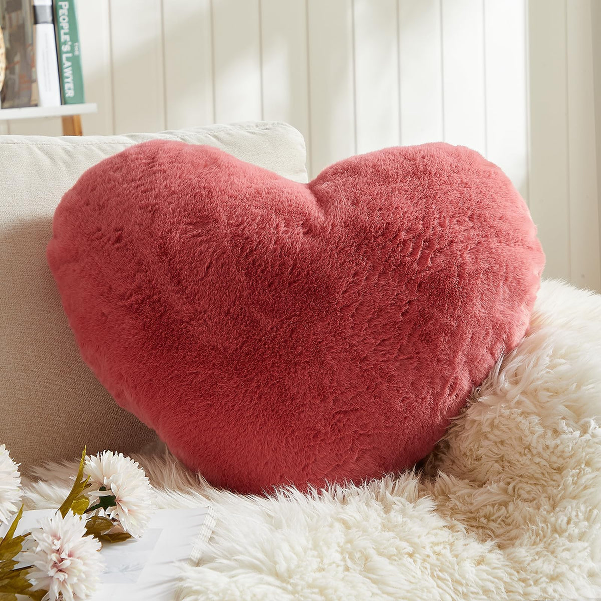EastTree Heart Pillows, Peach Pink Heart Shaped Pillows, Love Throw Pillows Gifts, Ultra Faux Rabbit Fur Soft Small Cute Fluffy 